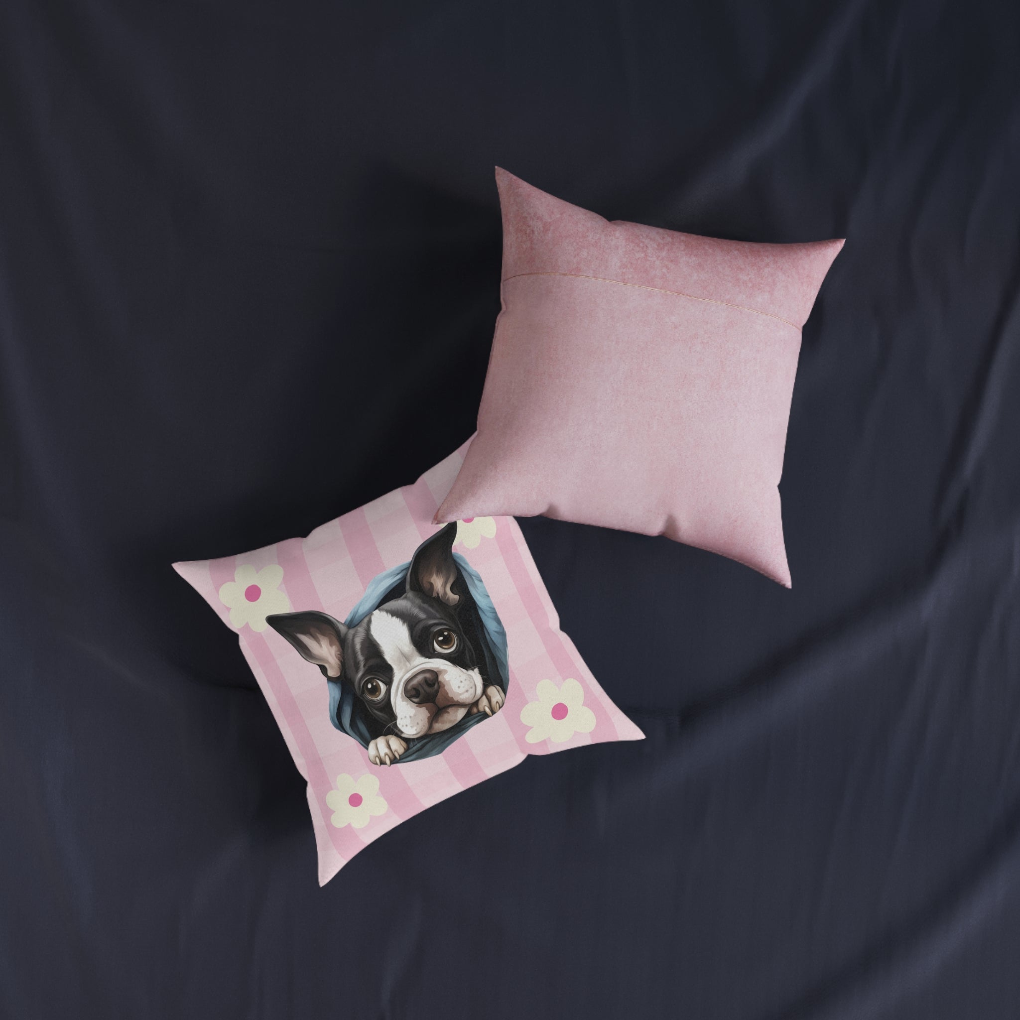 Boston Terrier Throw Pillow — Floral Pink Faux Suede | Dog Lover Home Decor
