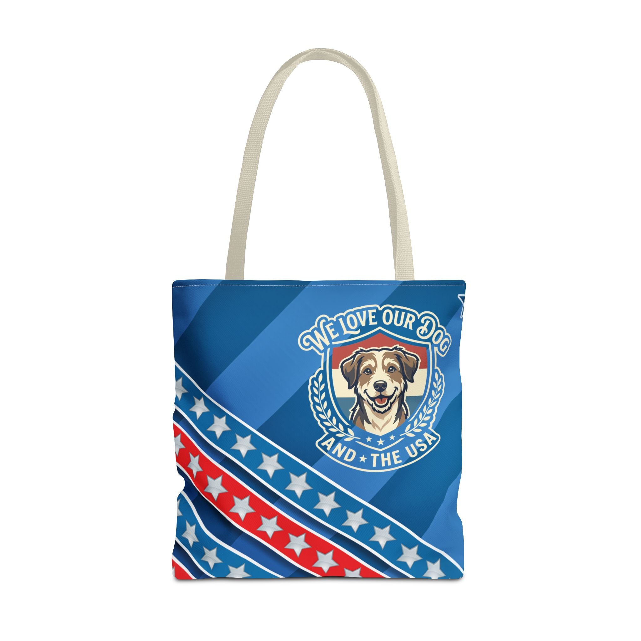 Patriotic Dog Tote Bag — "We Love Our Dog and the USA" AOP Tote