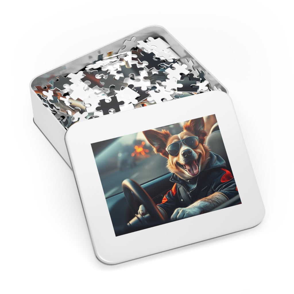 Corgi Driving Jigsaw Puzzle with Tin — Funny Dog Behind the Wheel | Dog Lover Gift