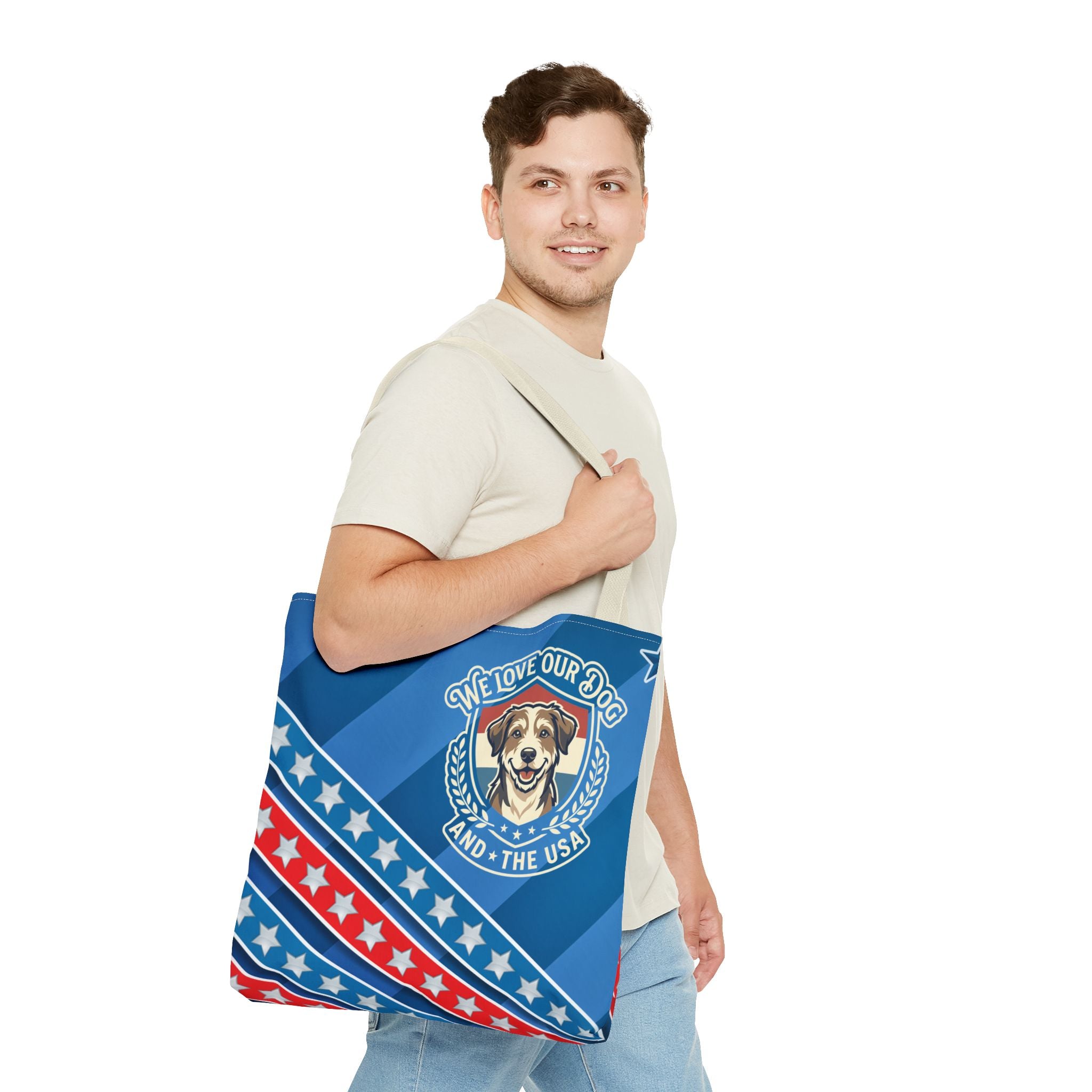 Patriotic Dog Tote Bag — "We Love Our Dog and the USA" AOP Tote