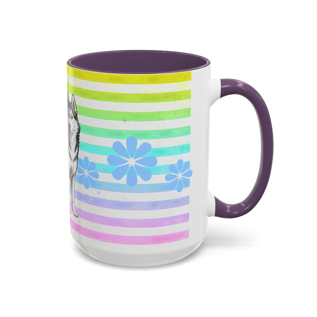 Siberian Husky Coffee Mug — Cute Black & Husky Pup on Rainbow Stripes (Accent Mug 11/15oz)