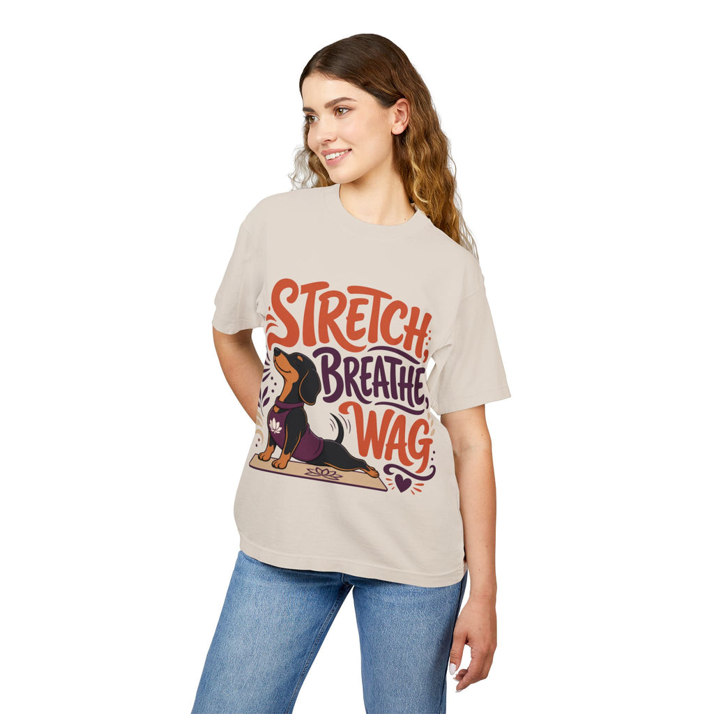 Stretch. Breathe. Wag. — Dachshund Yoga T‑Shirt for Dog Lovers