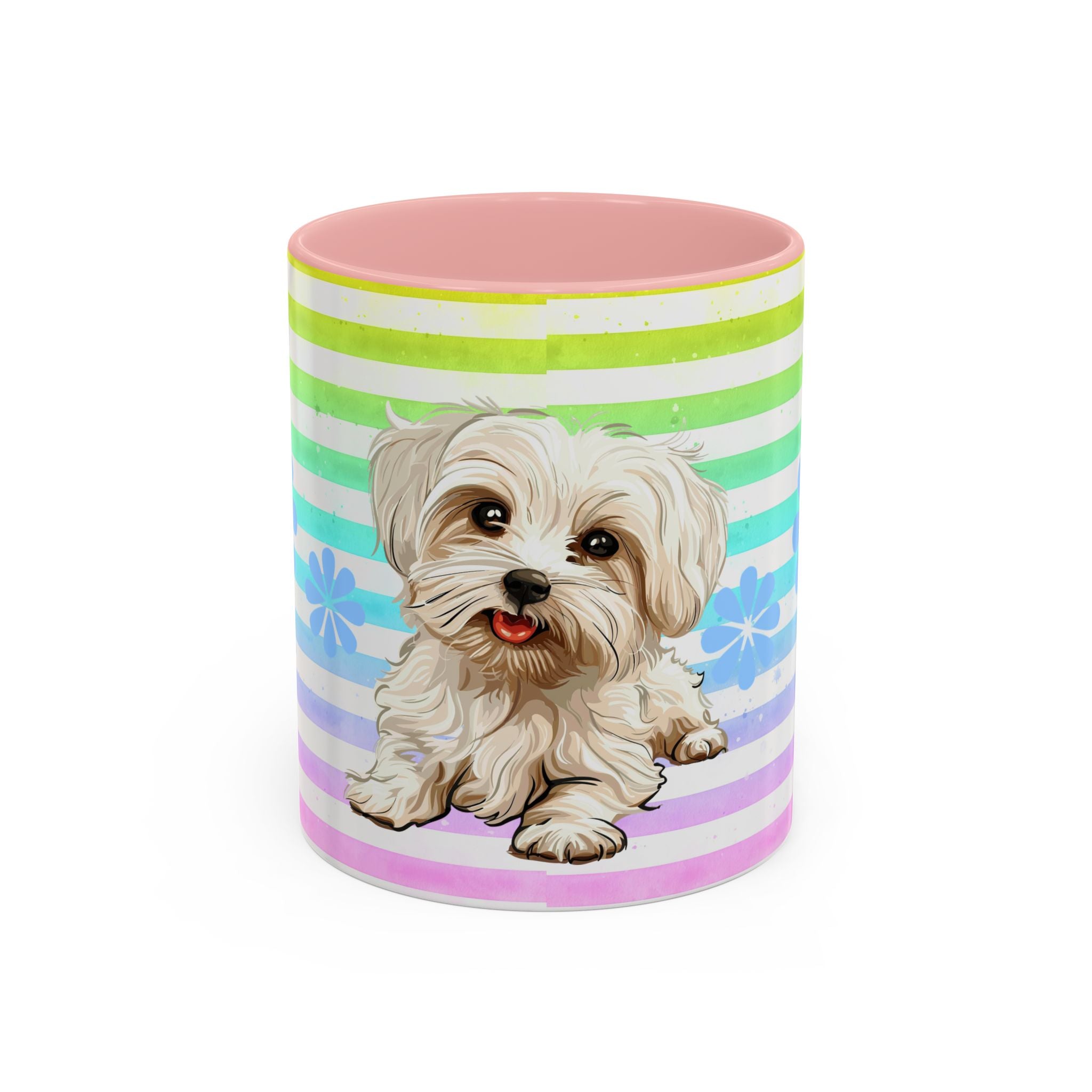 Maltese Dog Coffee Mug — Cute White Pup on Rainbow Stripes
