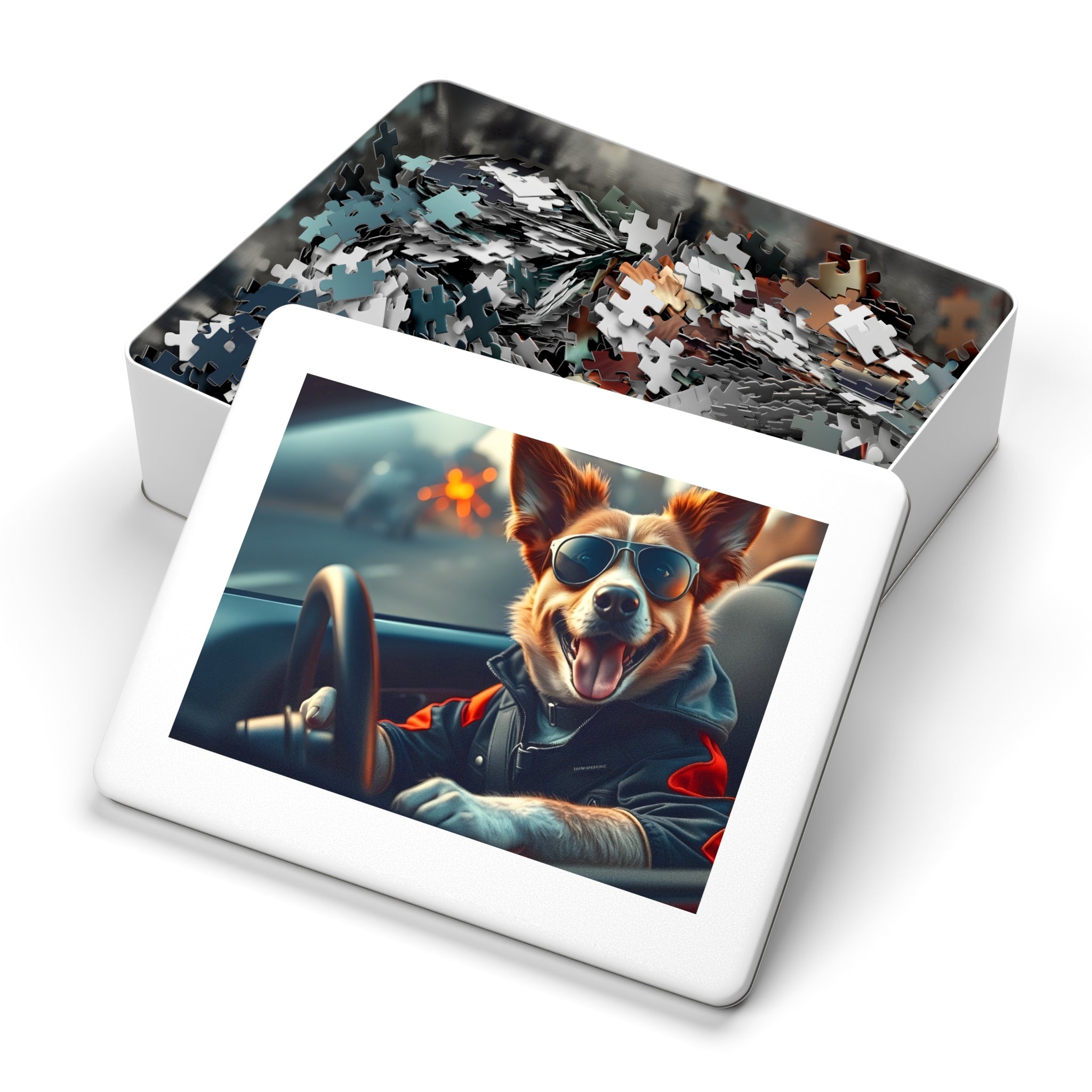 Corgi Driving Jigsaw Puzzle with Tin — Funny Dog Behind the Wheel | Dog Lover Gift