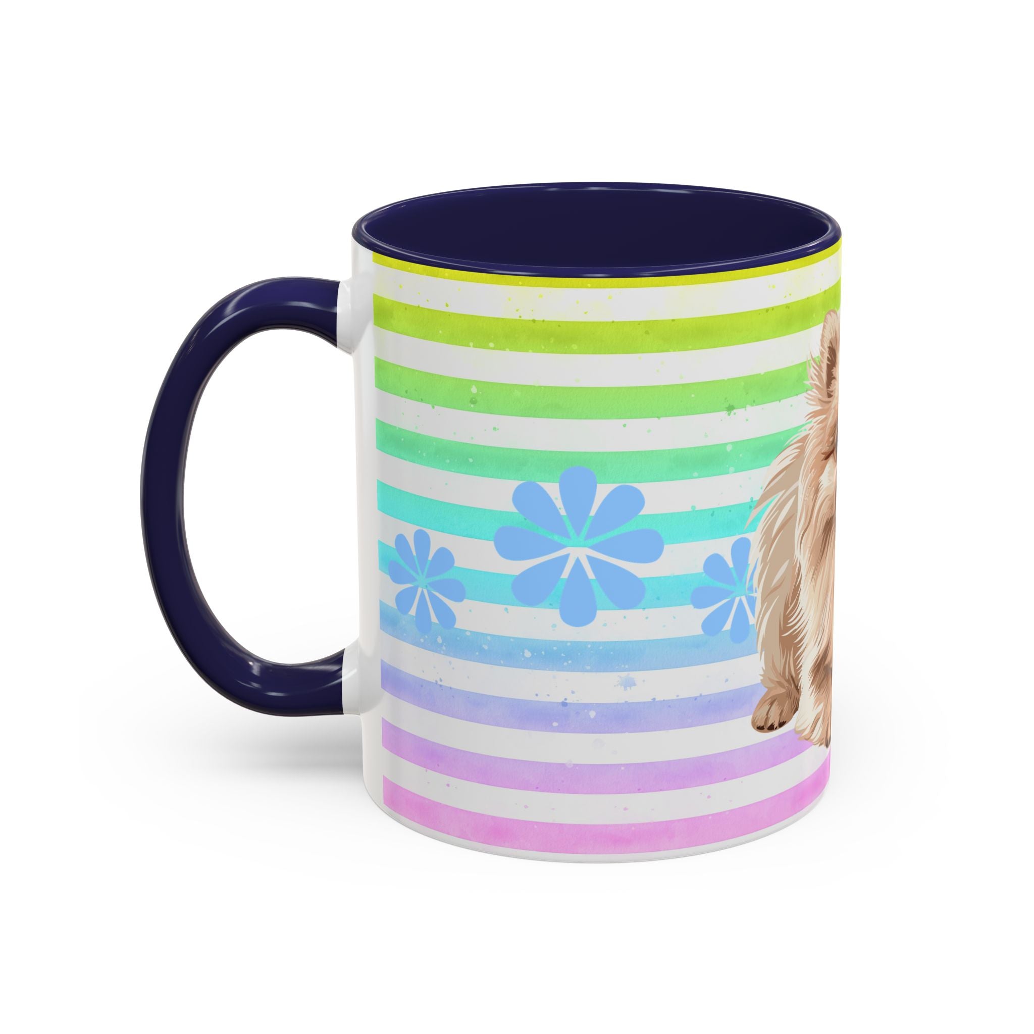 Pomeranian Dog Coffee Mug — Cute Fluffy Pup on Rainbow Stripes (Accent Mug 11/15oz)