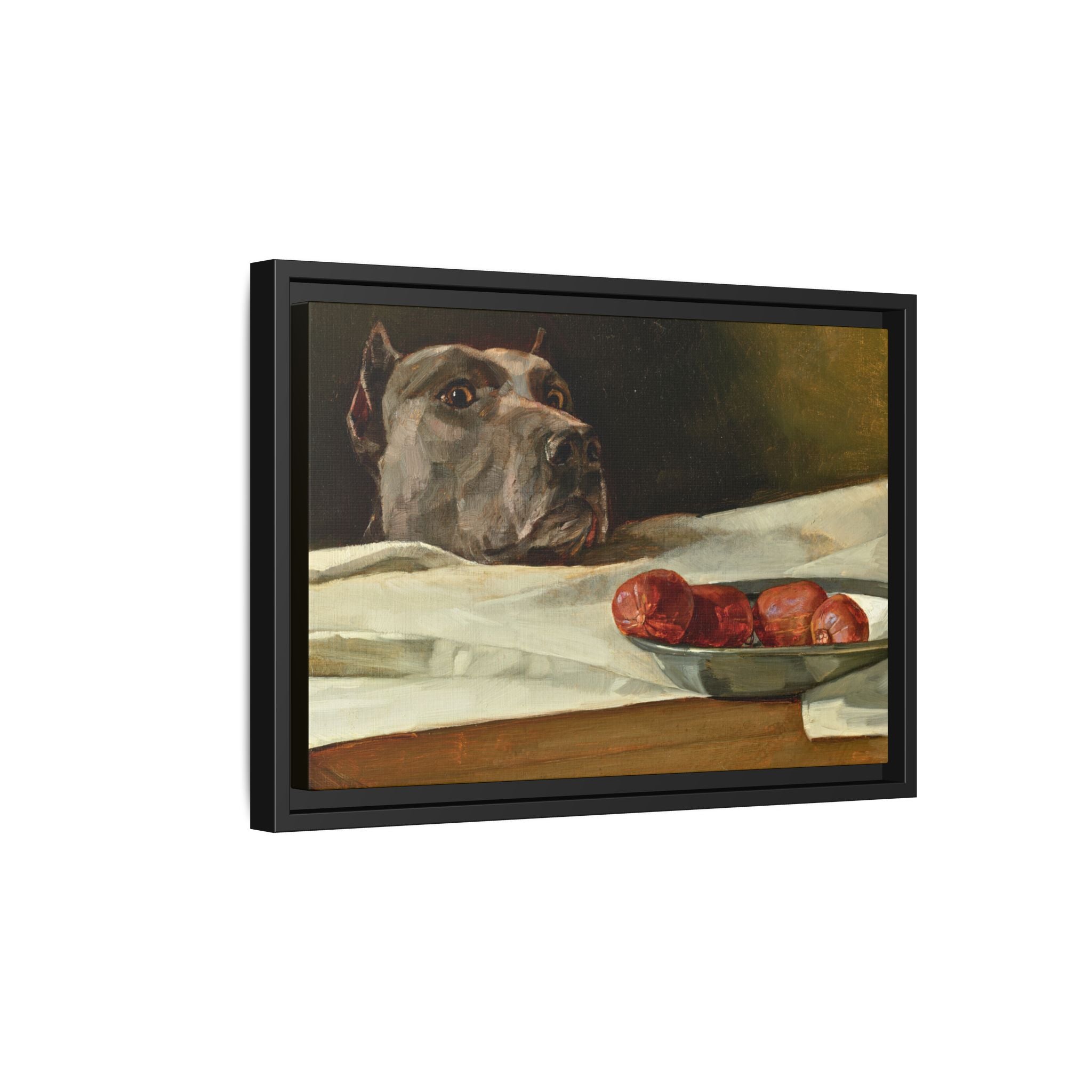 Framed Matte Canvas Print — Great Dane Dog & The Sausage Still Life Wall Art