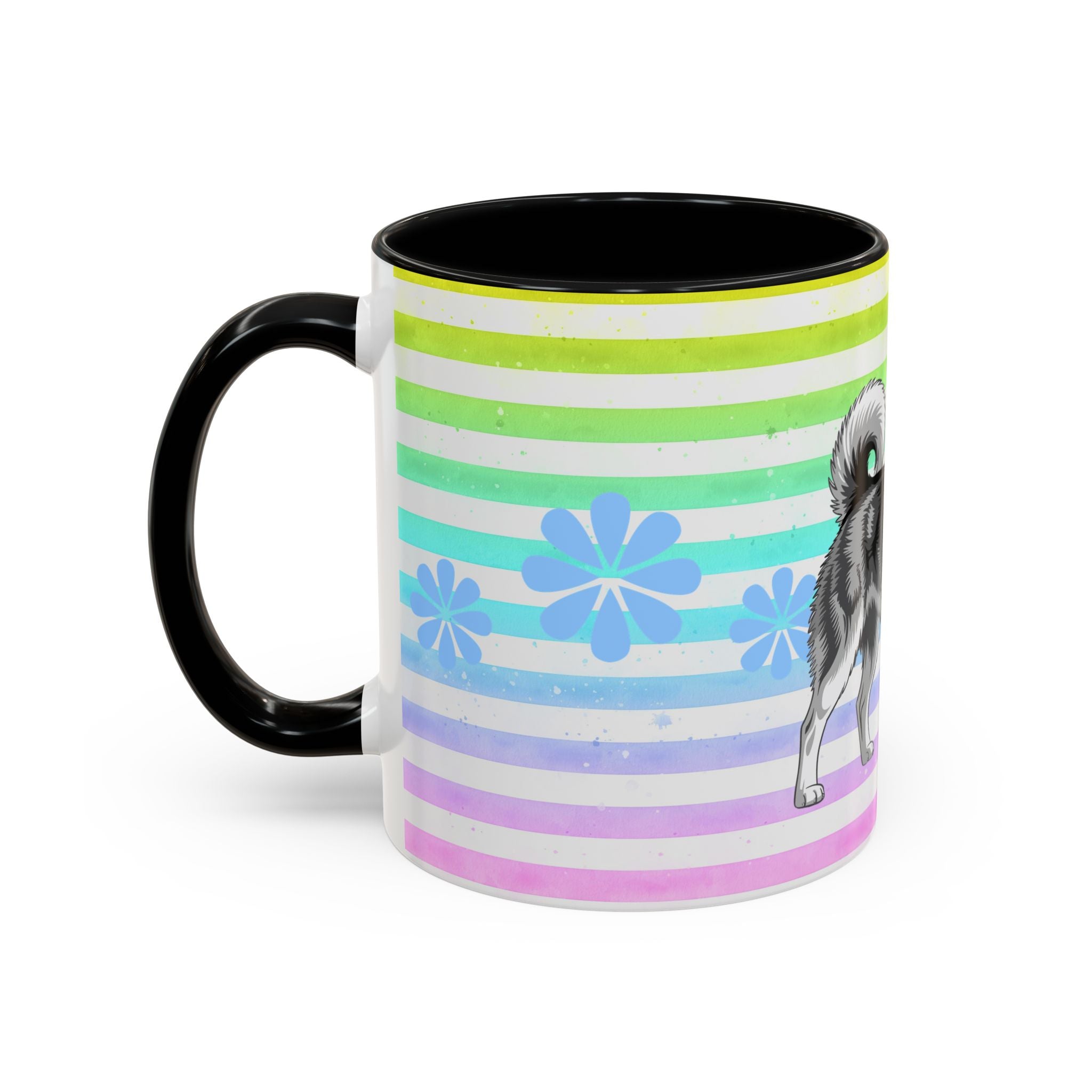 Siberian Husky Coffee Mug — Cute Black & Husky Pup on Rainbow Stripes (Accent Mug 11/15oz)