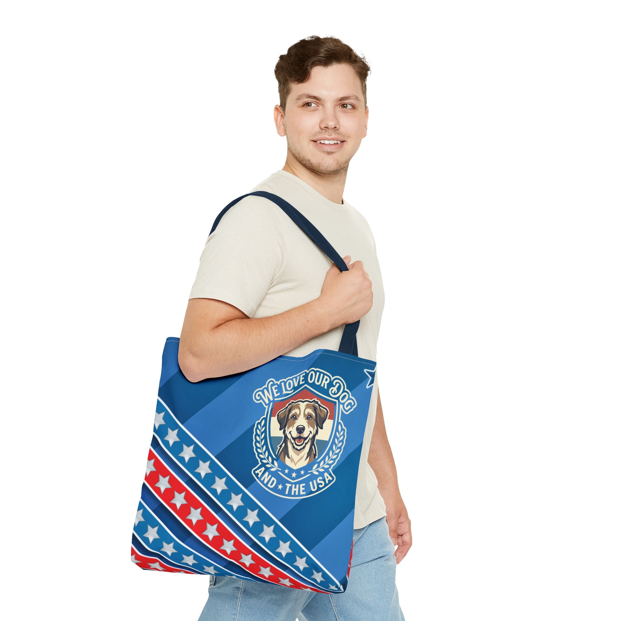 Patriotic Dog Tote Bag — "We Love Our Dog and the USA" AOP Tote