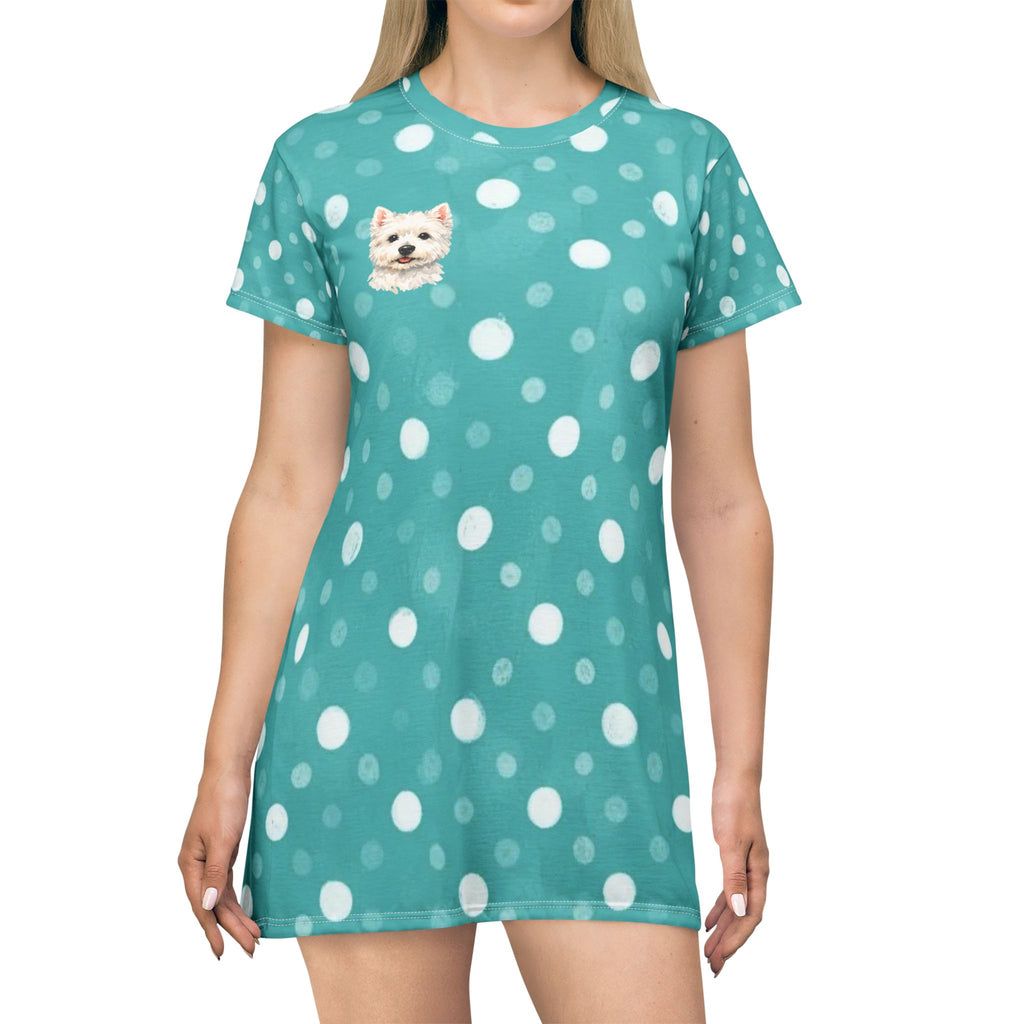Turquoise Polka Dot T-Shirt Dress with Westie Dog Accent