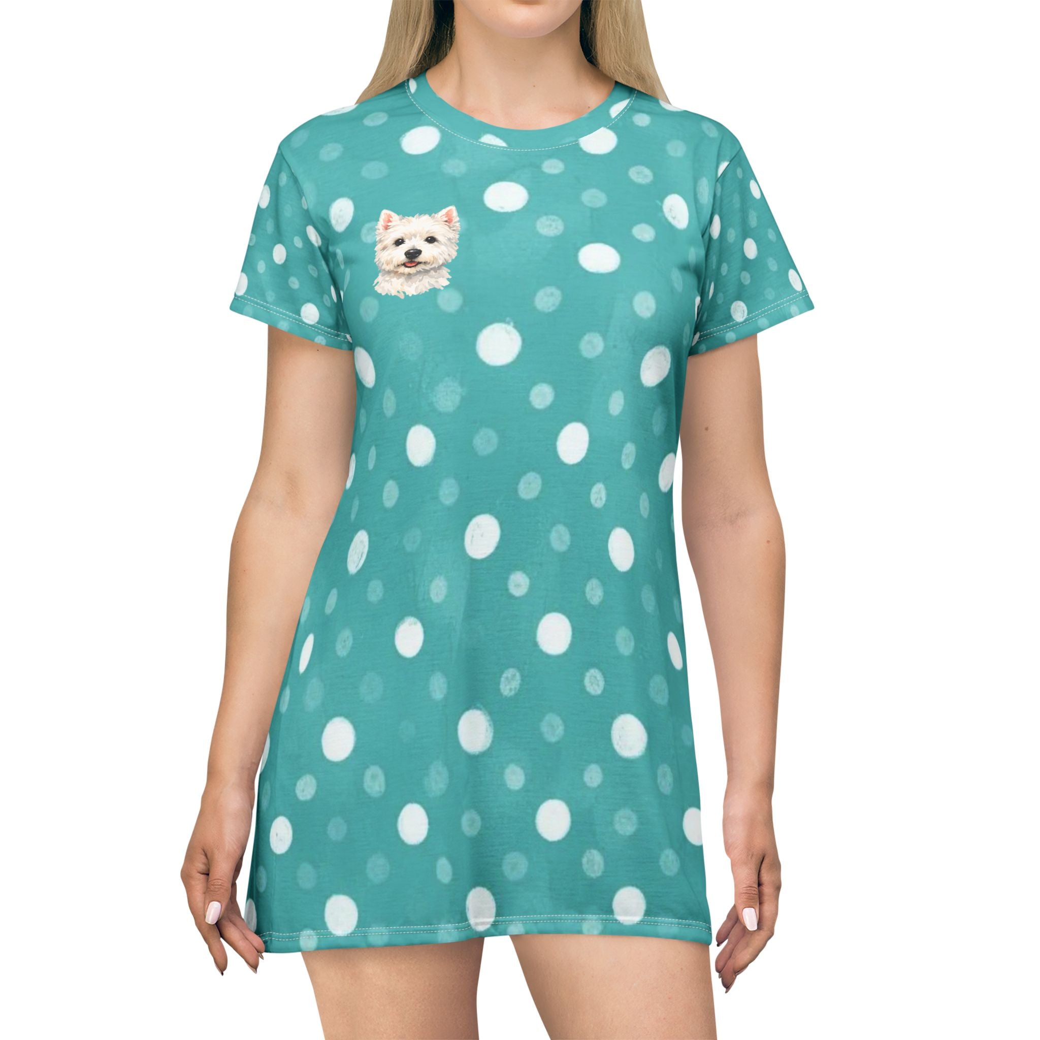 Turquoise Polka Dot T-Shirt Dress with Westie Dog Accent