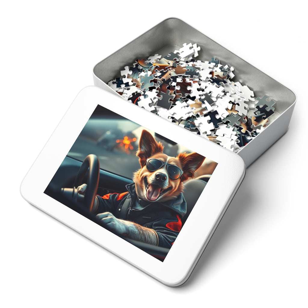 Corgi Driving Jigsaw Puzzle with Tin — Funny Dog Behind the Wheel | Dog Lover Gift
