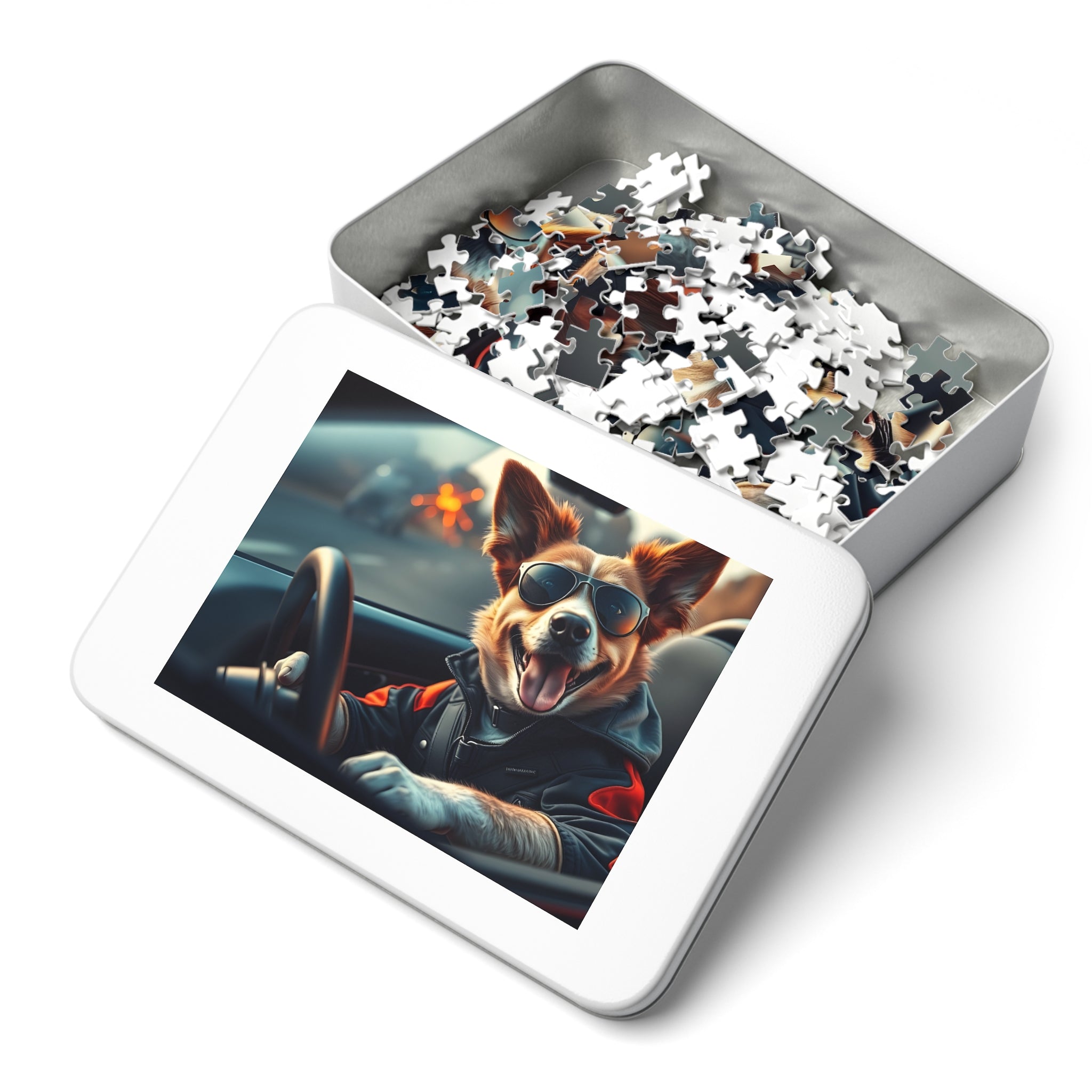 Corgi Driving Jigsaw Puzzle with Tin — Funny Dog Behind the Wheel | Dog Lover Gift