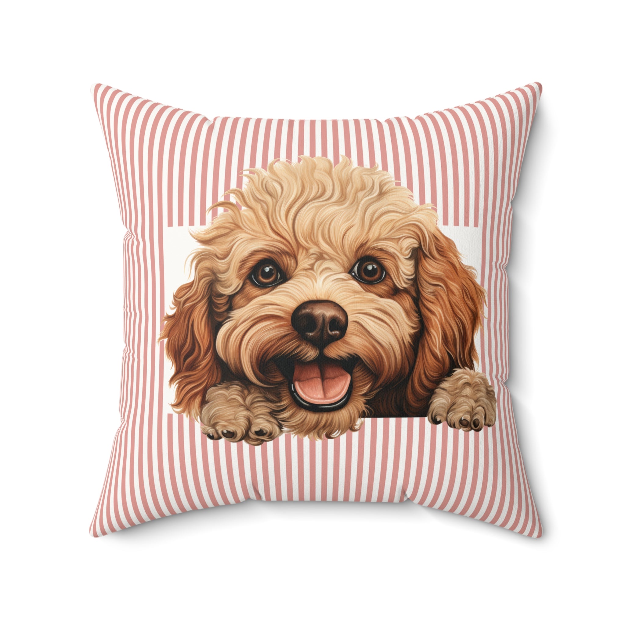 Toy Poodle Throw Pillow — Peeking Puppy Pink Striped Faux Suede | Dog Lover Gift