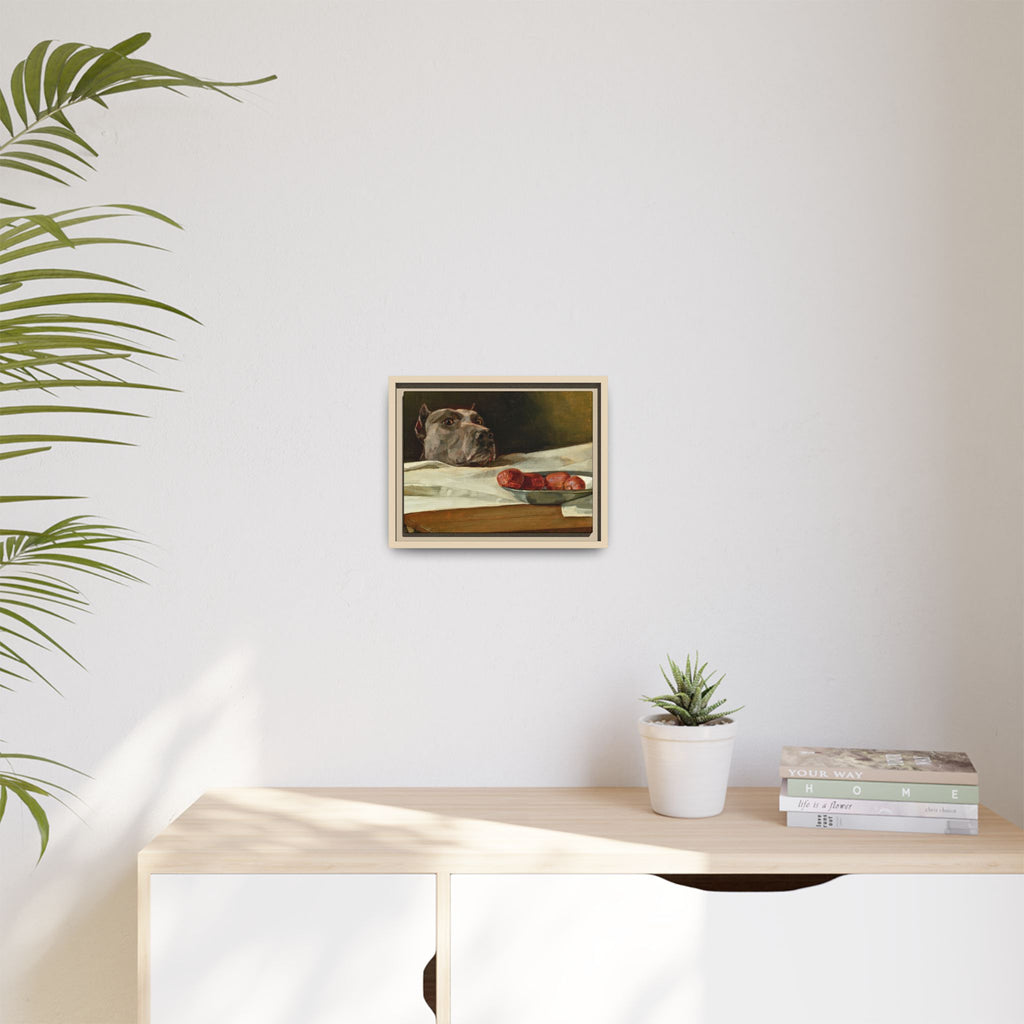Framed Matte Canvas Print — Great Dane Dog & The Sausage Still Life Wall Art