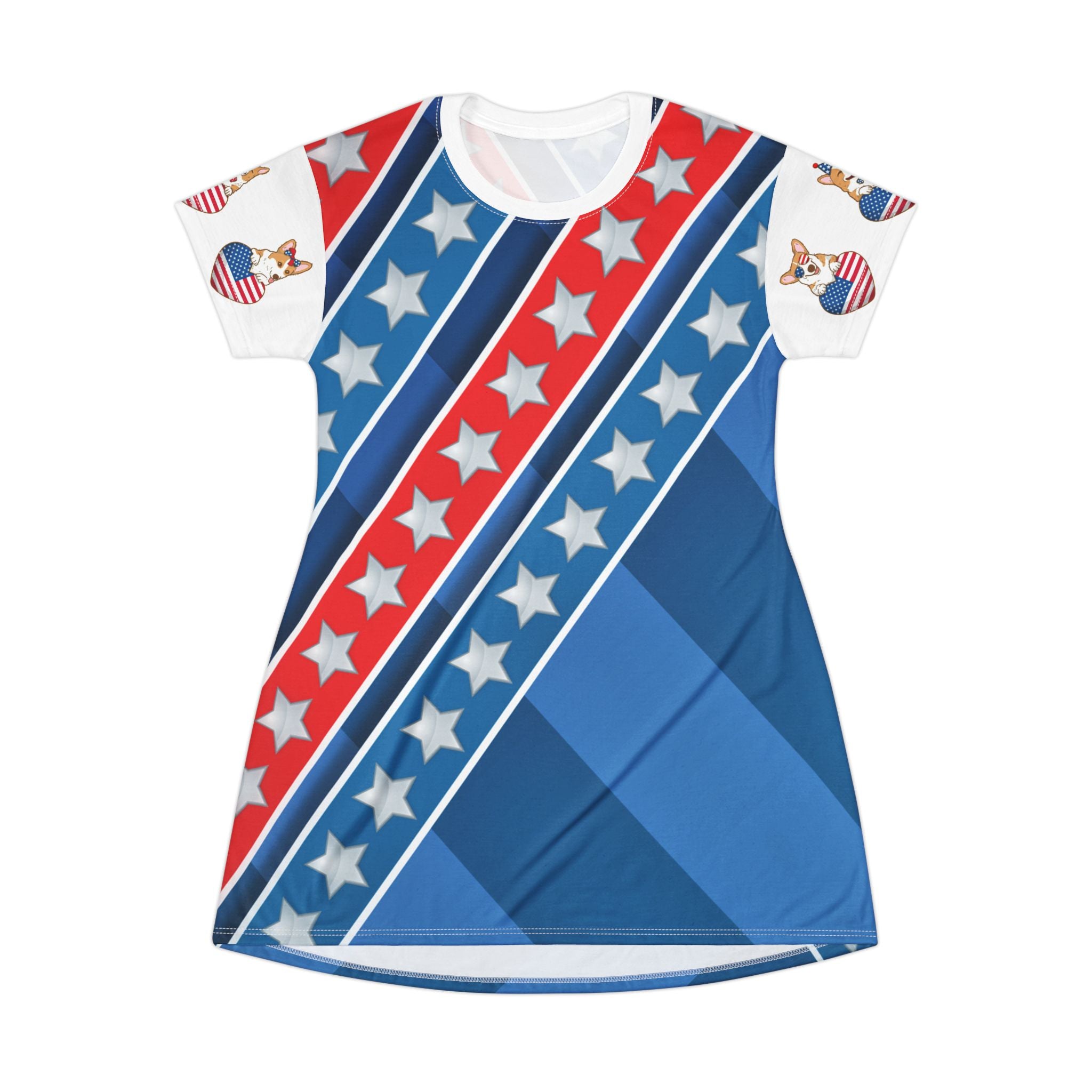 Patriotic Stars & Stripes T-Shirt Dress — USA Flag Diagonal Print