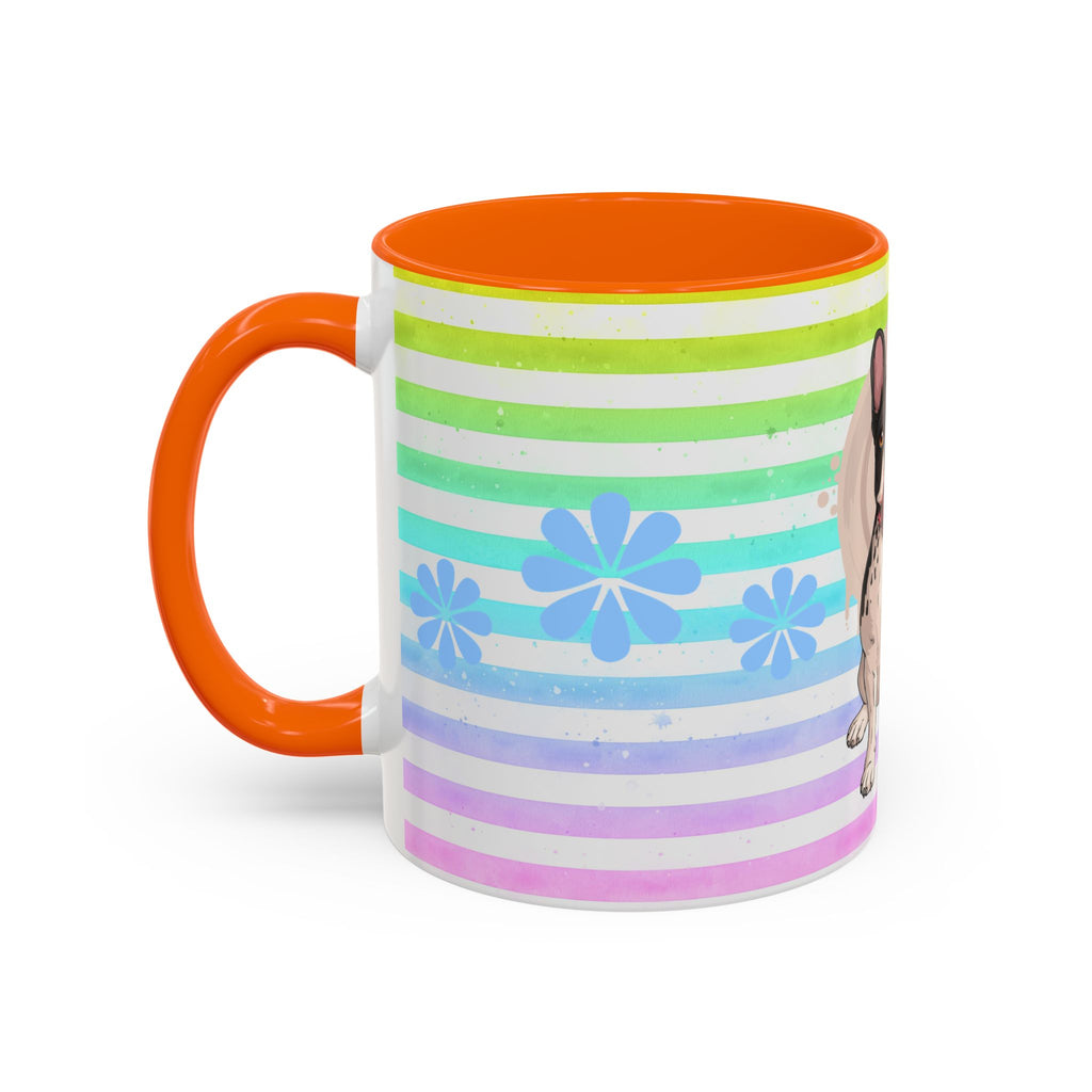 French Bulldog Coffee Mug — Cute Black & White Pup on Rainbow Stripes (Accent Mug 11/15oz)