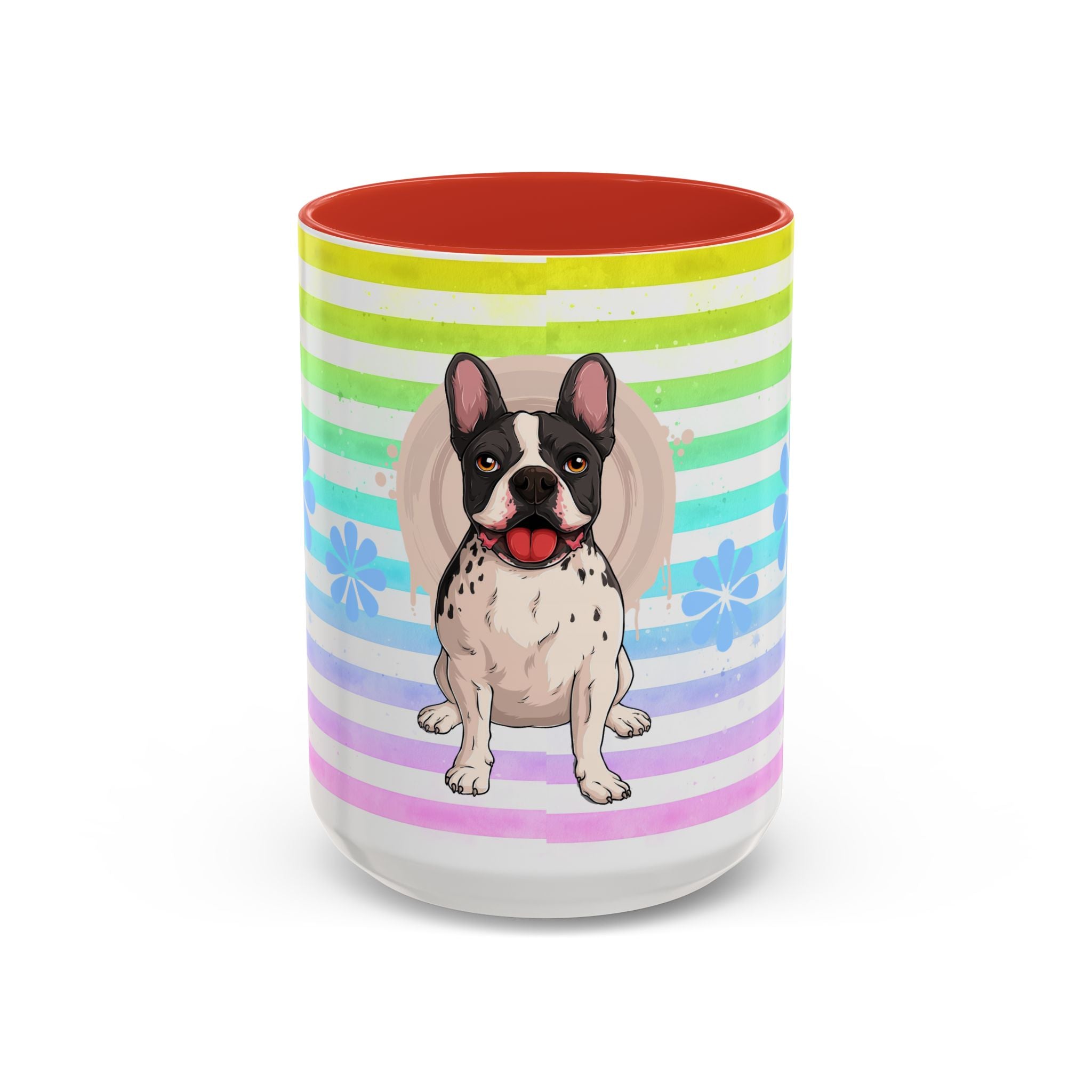 French Bulldog Coffee Mug — Cute Black & White Pup on Rainbow Stripes (Accent Mug 11/15oz)