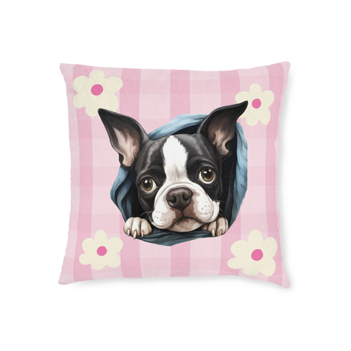 Boston Terrier Throw Pillow — Floral Pink Faux Suede | Dog Lover Home Decor