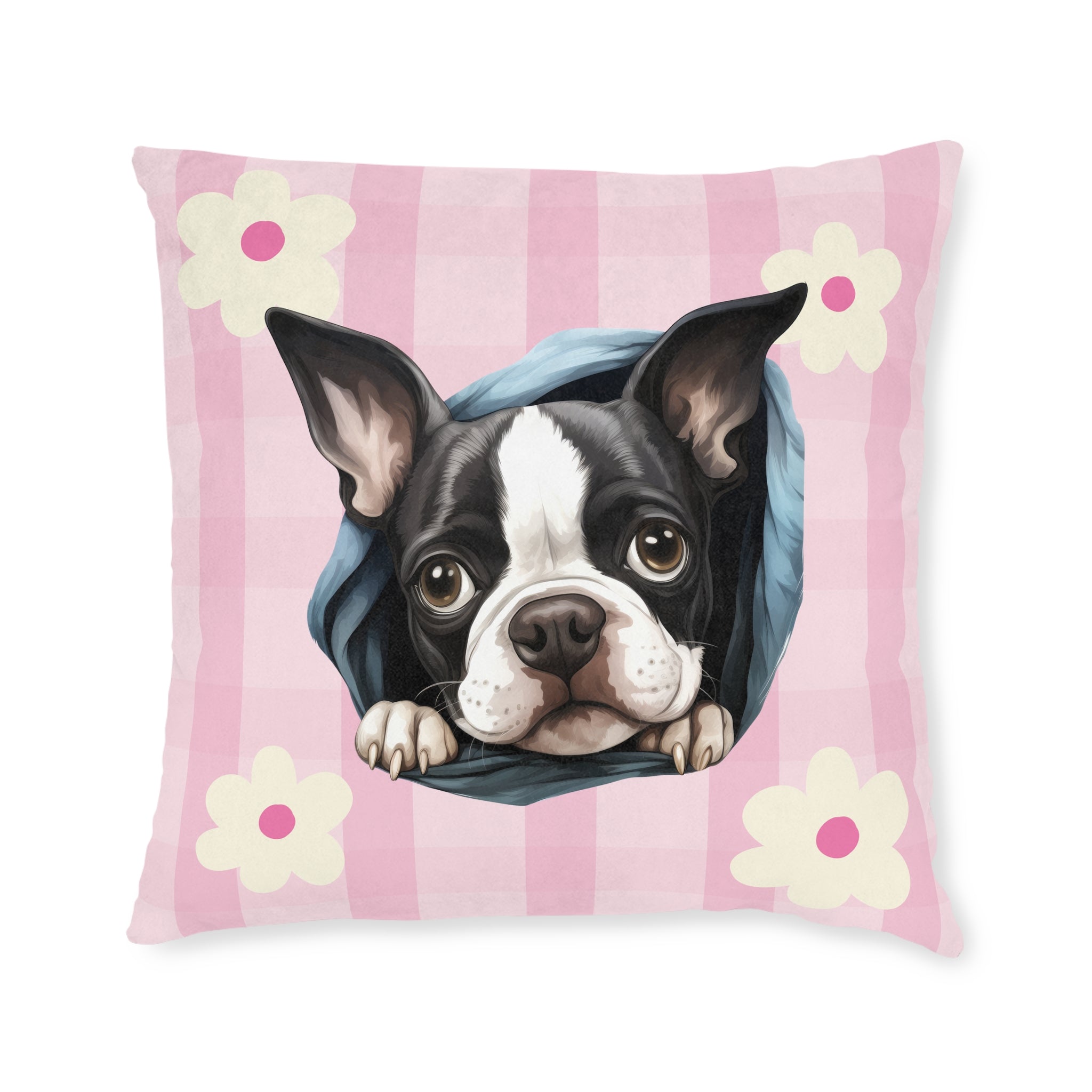 Boston Terrier Throw Pillow — Floral Pink Faux Suede | Dog Lover Home Decor