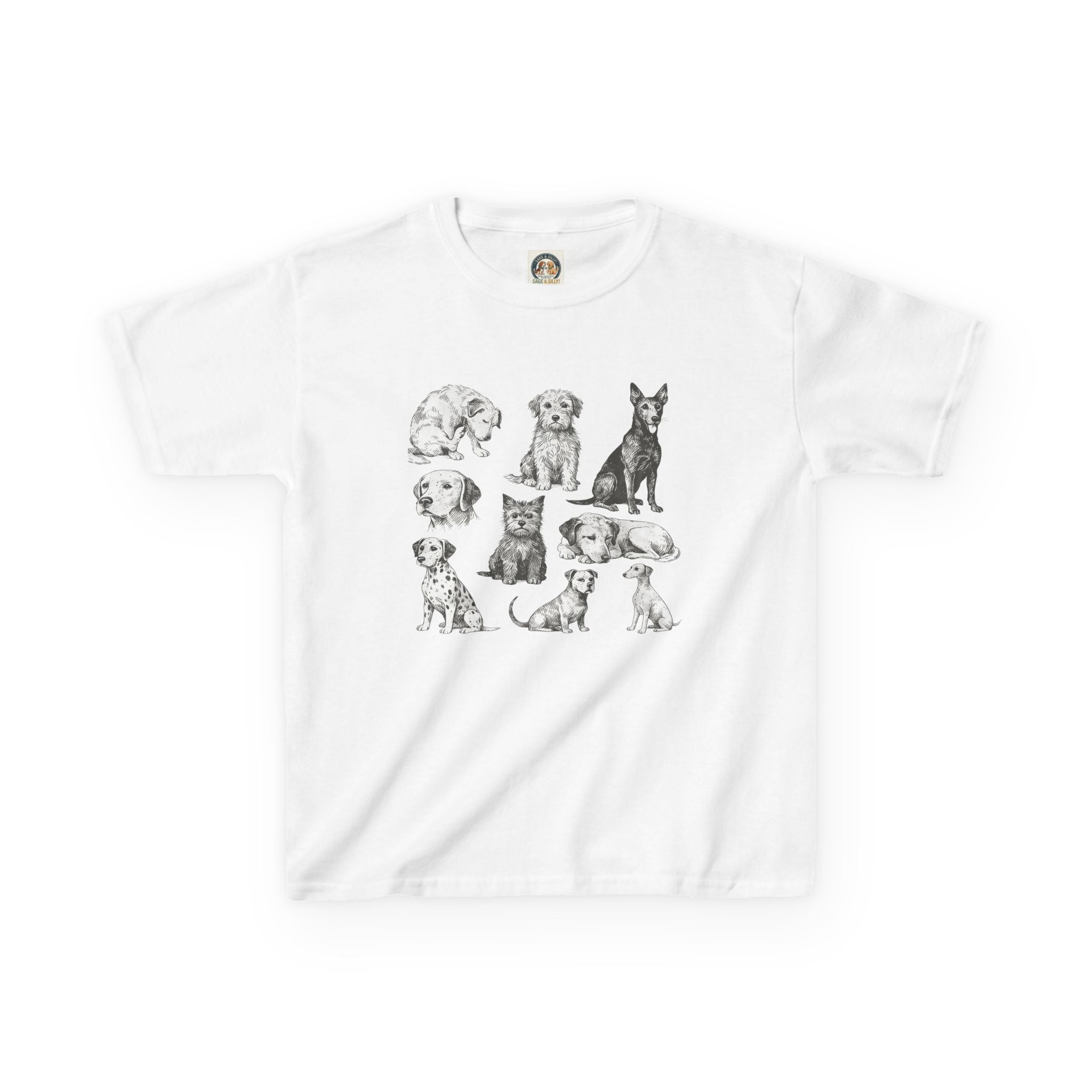Kids Dog Breeds Sketch Tee — Cute Puppy Illustration Shirt for Boys & Girls