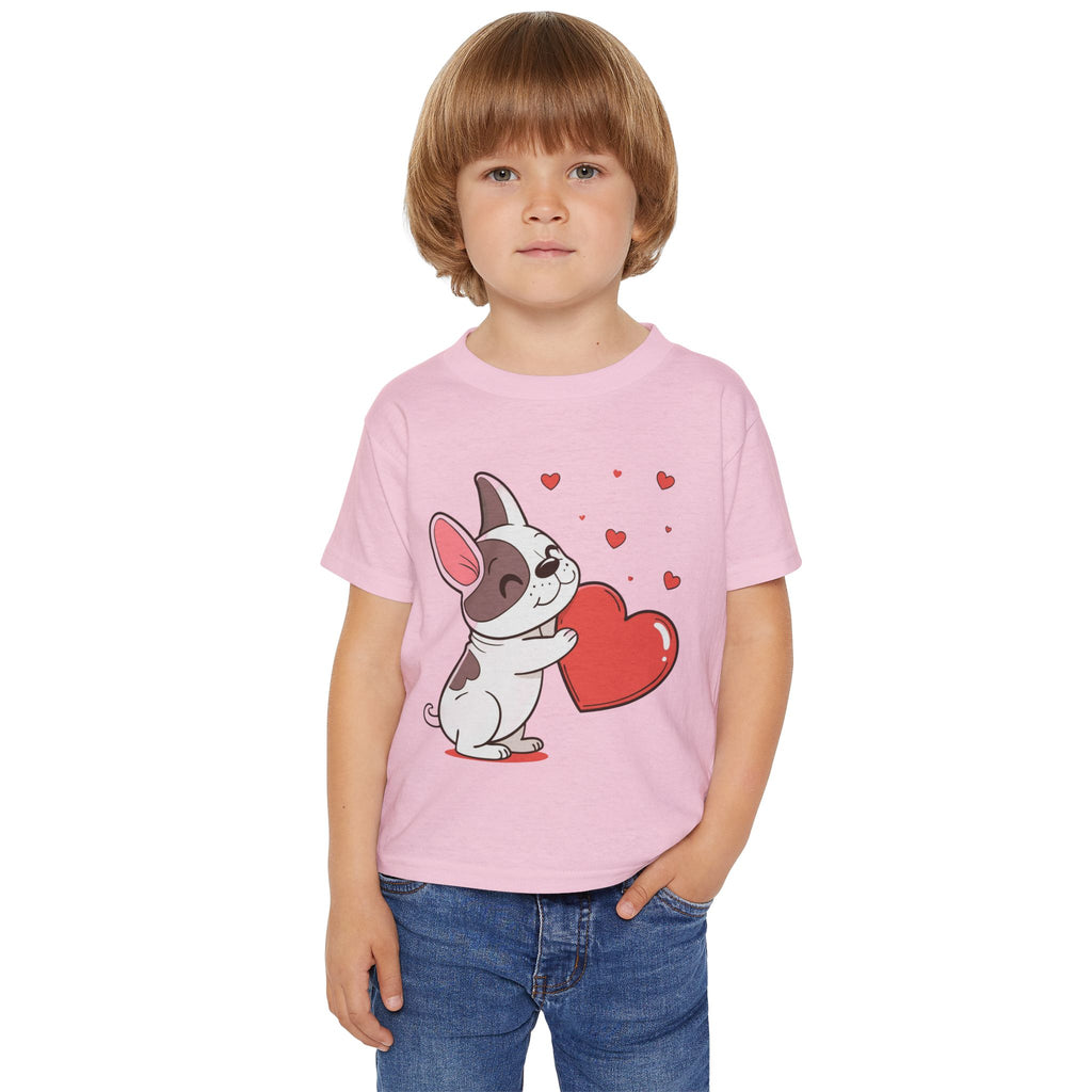 Toddler T-Shirt — Cute French Bulldog Hugging Heart with Colorful Paw Prints
