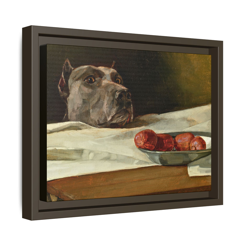 Framed Matte Canvas Print — Great Dane Dog & The Sausage Still Life Wall Art