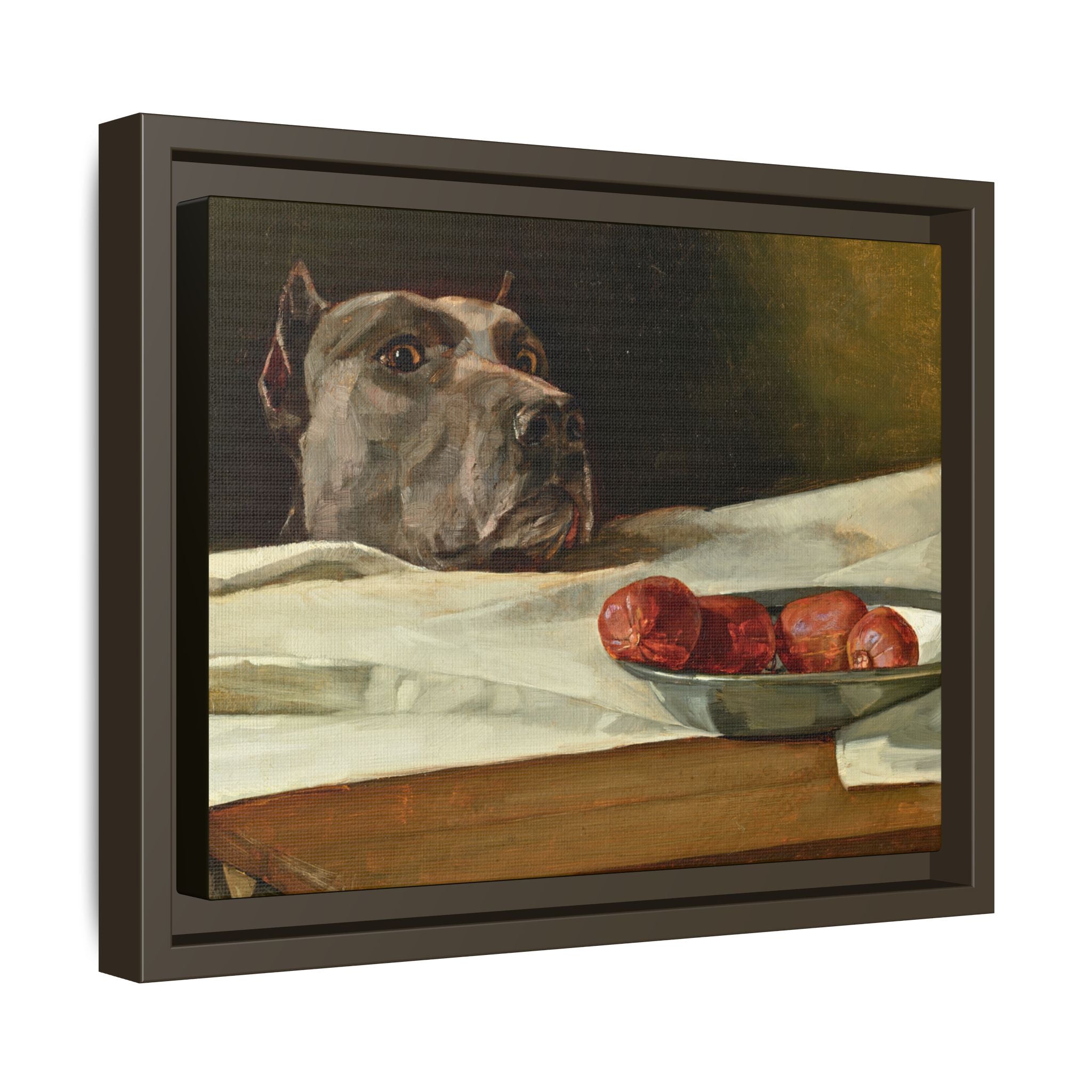 Framed Matte Canvas Print — Great Dane Dog & The Sausage Still Life Wall Art