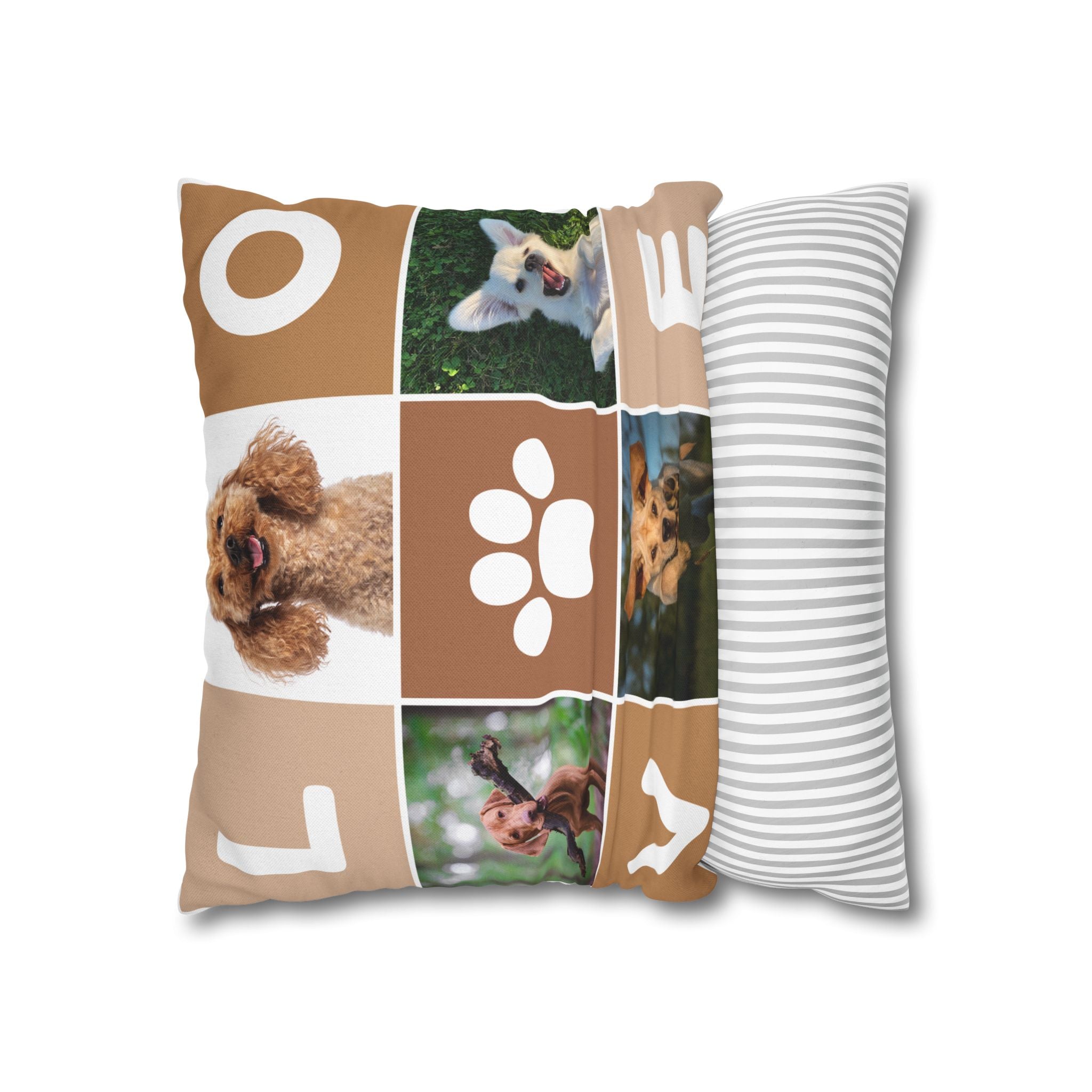 Dog Photo Collage Square Pillow — "LOVE" Paw Print Decorative Pillowcase