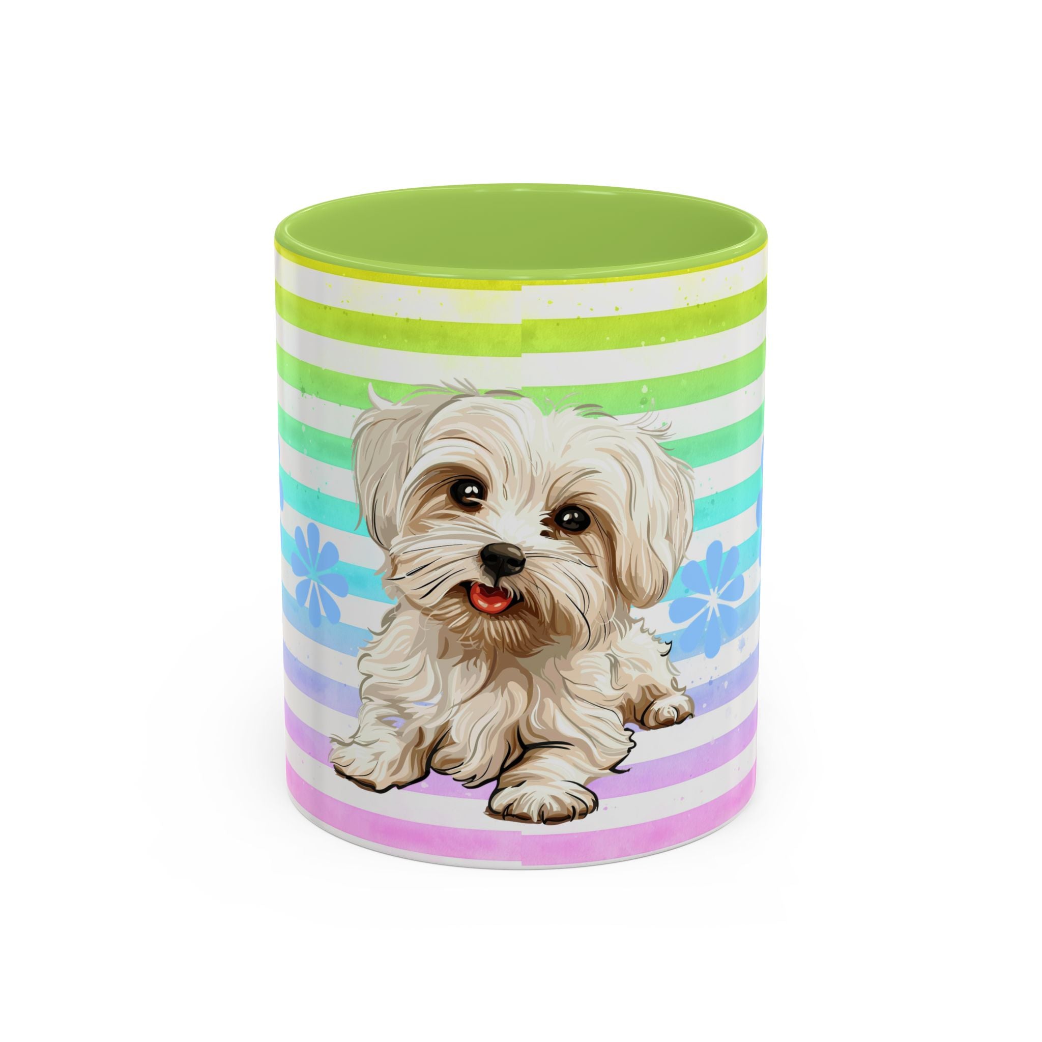 Maltese Dog Coffee Mug — Cute White Pup on Rainbow Stripes