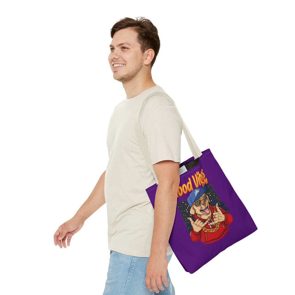 Good Vibes Only Dog Tote Bag — Cute Hipster Pup Graphic Canvas Tote