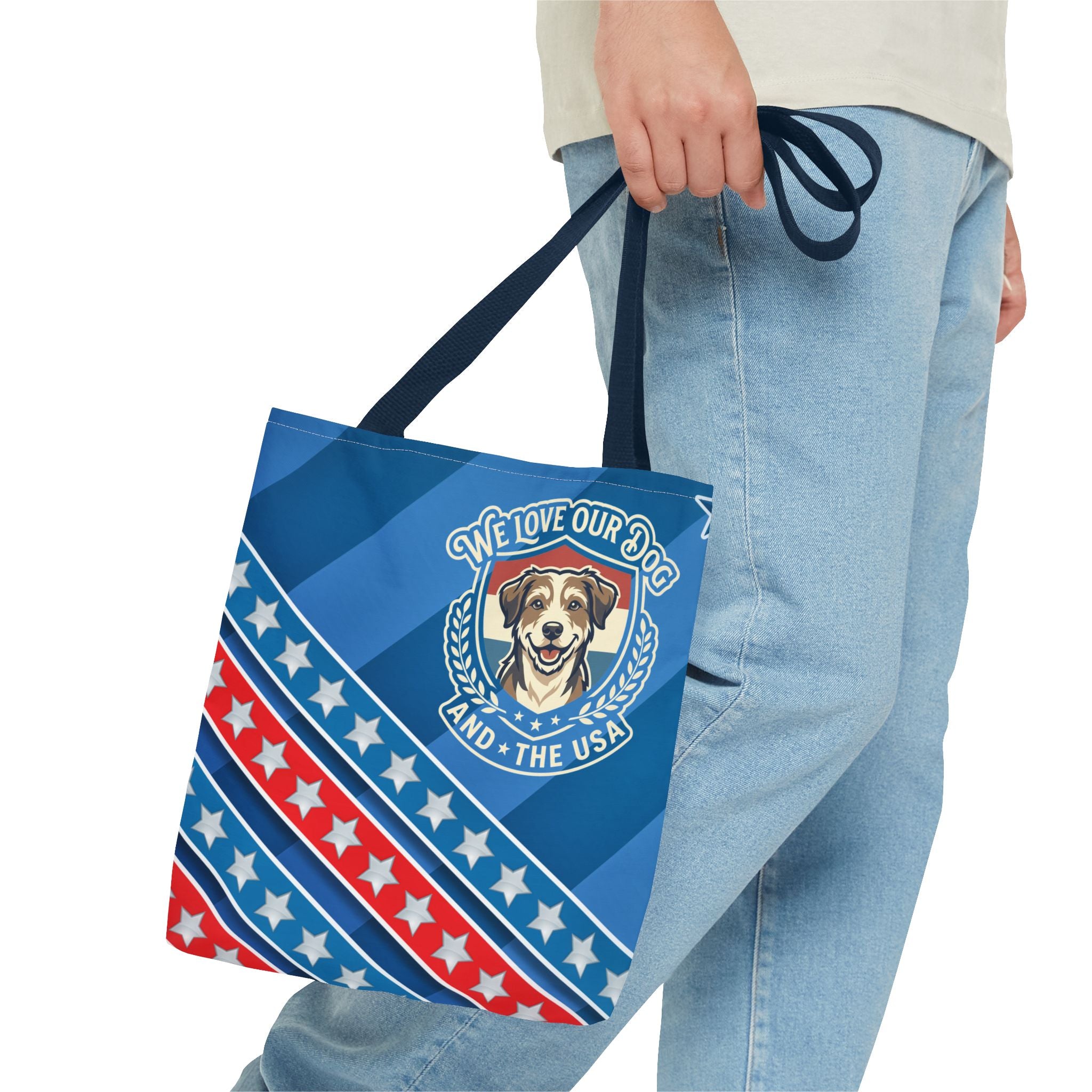 Patriotic Dog Tote Bag — "We Love Our Dog and the USA" AOP Tote