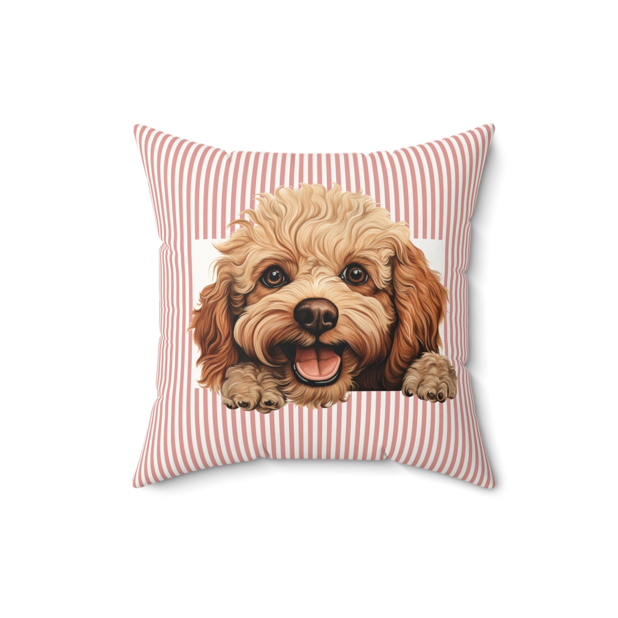 Toy Poodle Throw Pillow — Peeking Puppy Pink Striped Faux Suede | Dog Lover Gift