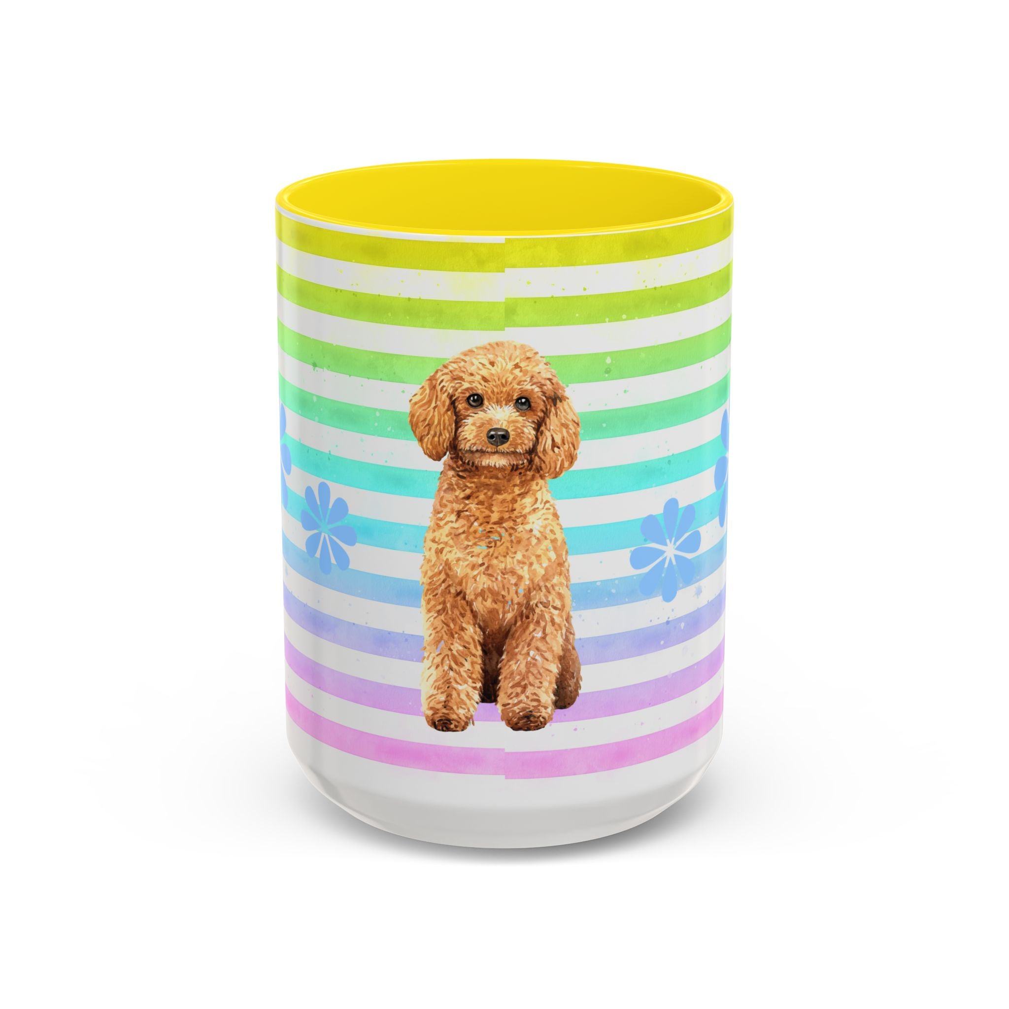 Apricot Poodle Coffee Mug — Cute Fluffy Pup on Rainbow Stripes (Accent Mug 11/15oz)