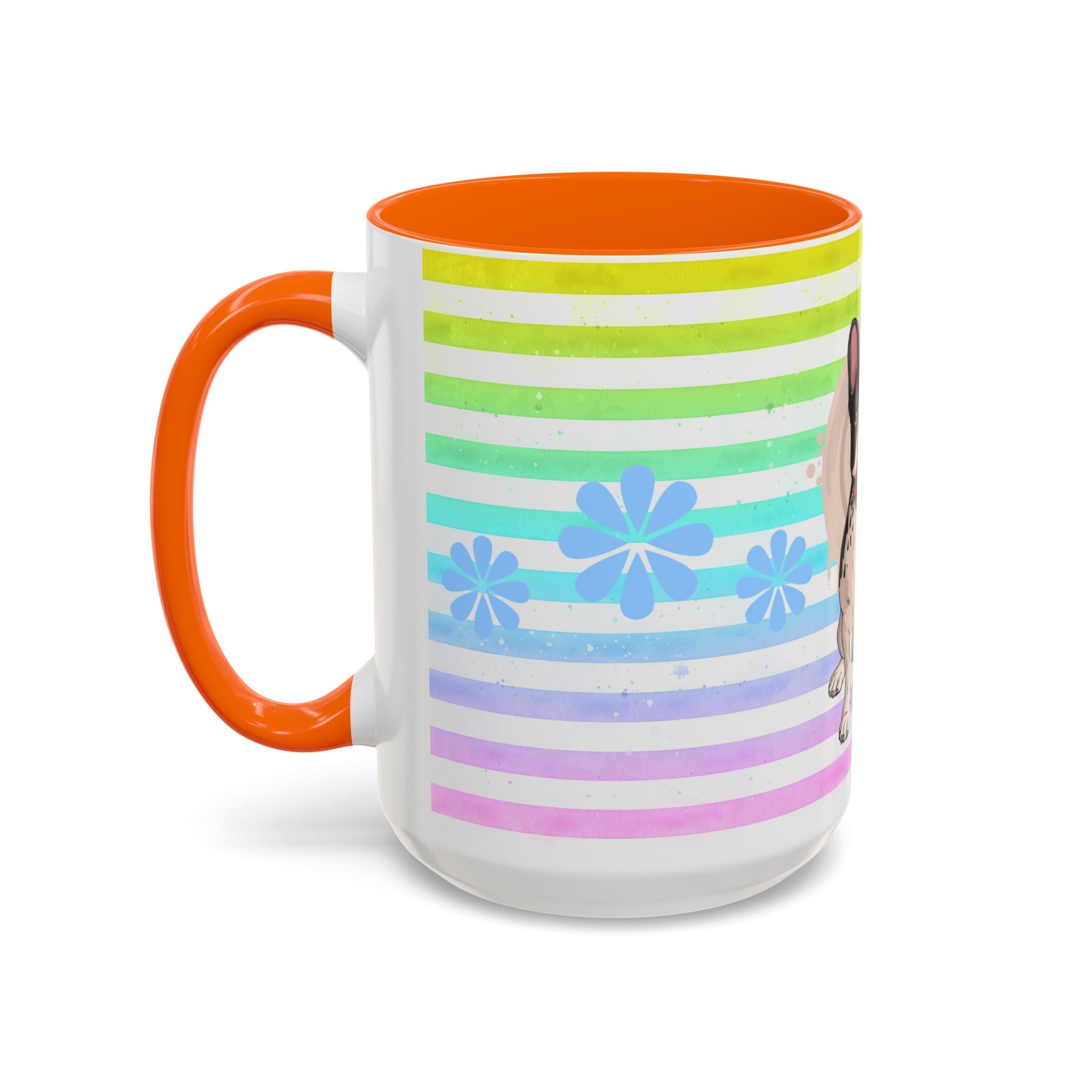 French Bulldog Coffee Mug — Cute Black & White Pup on Rainbow Stripes (Accent Mug 11/15oz)