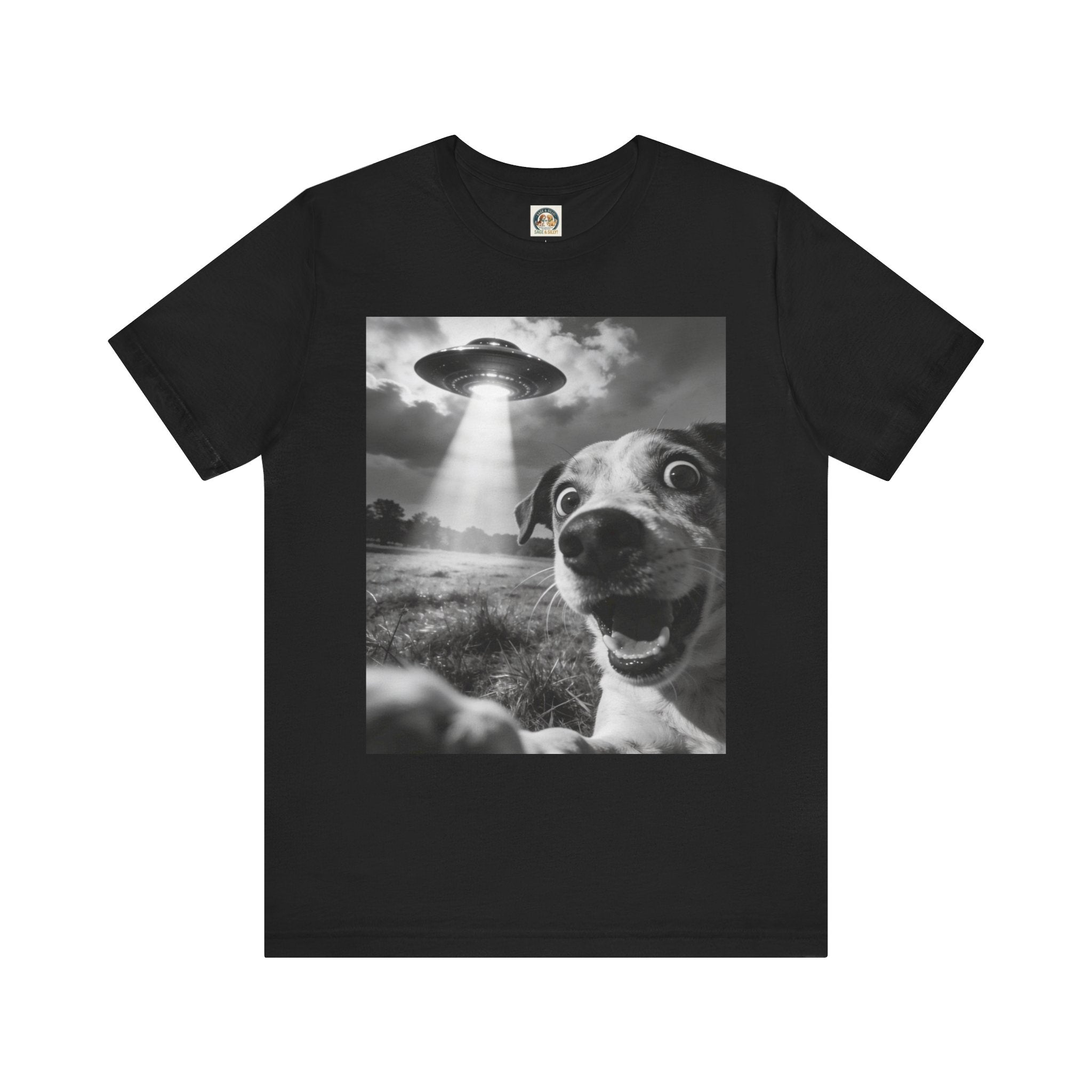 UFO Dog Photo Tee — "Check the Front… SERIOUSLY!" Graphic T-Shirt