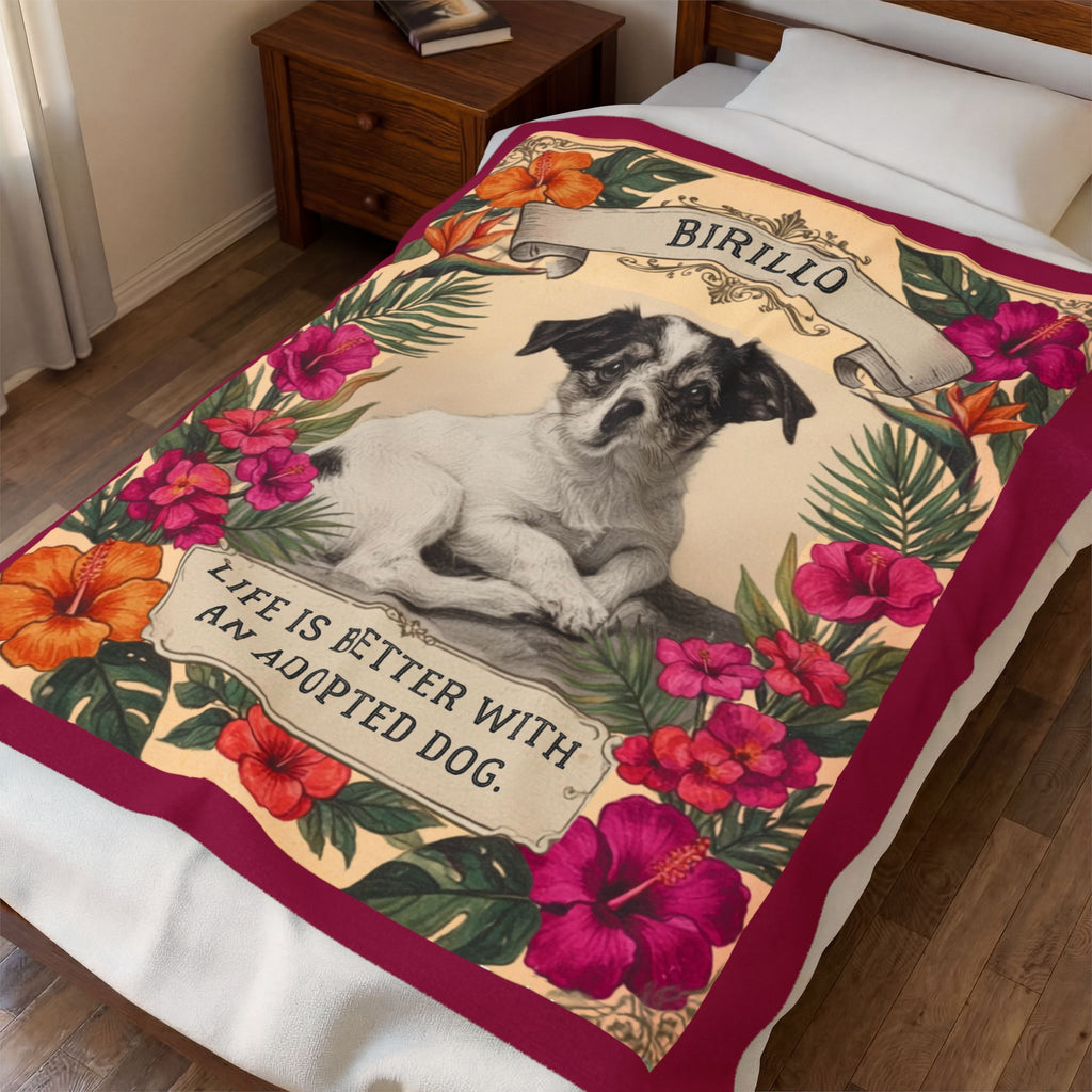 Personalized Dog Portrait Blanket — Hibiscus Floral & Adopted Dog | Custom Name & Photo