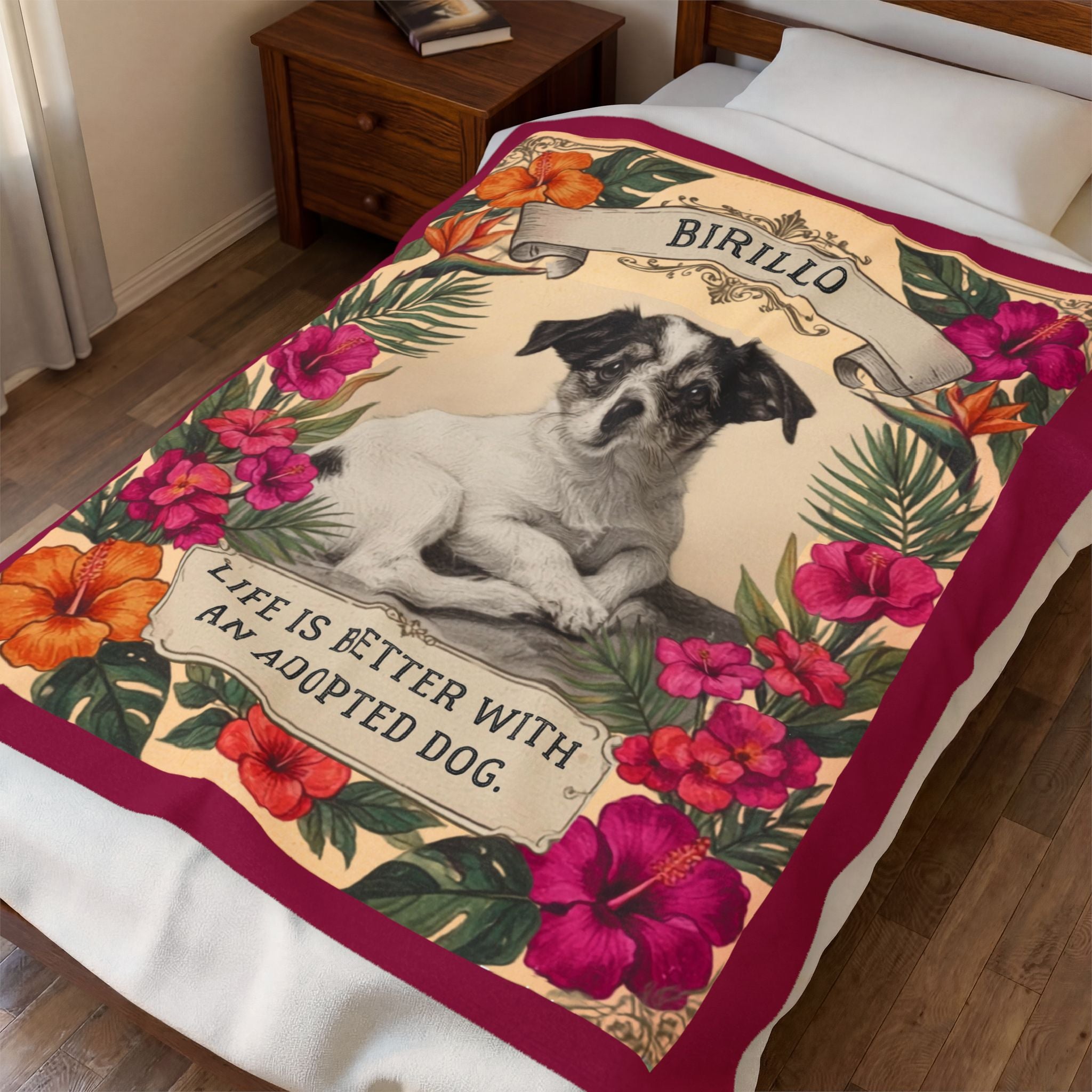 Personalized Dog Portrait Blanket — Hibiscus Floral & Adopted Dog | Custom Name & Photo