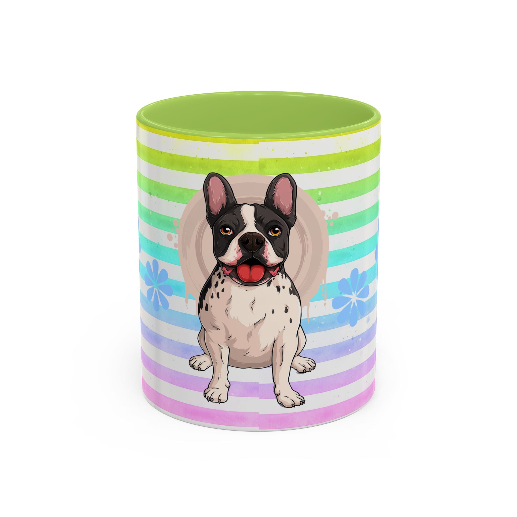 French Bulldog Coffee Mug — Cute Black & White Pup on Rainbow Stripes (Accent Mug 11/15oz)