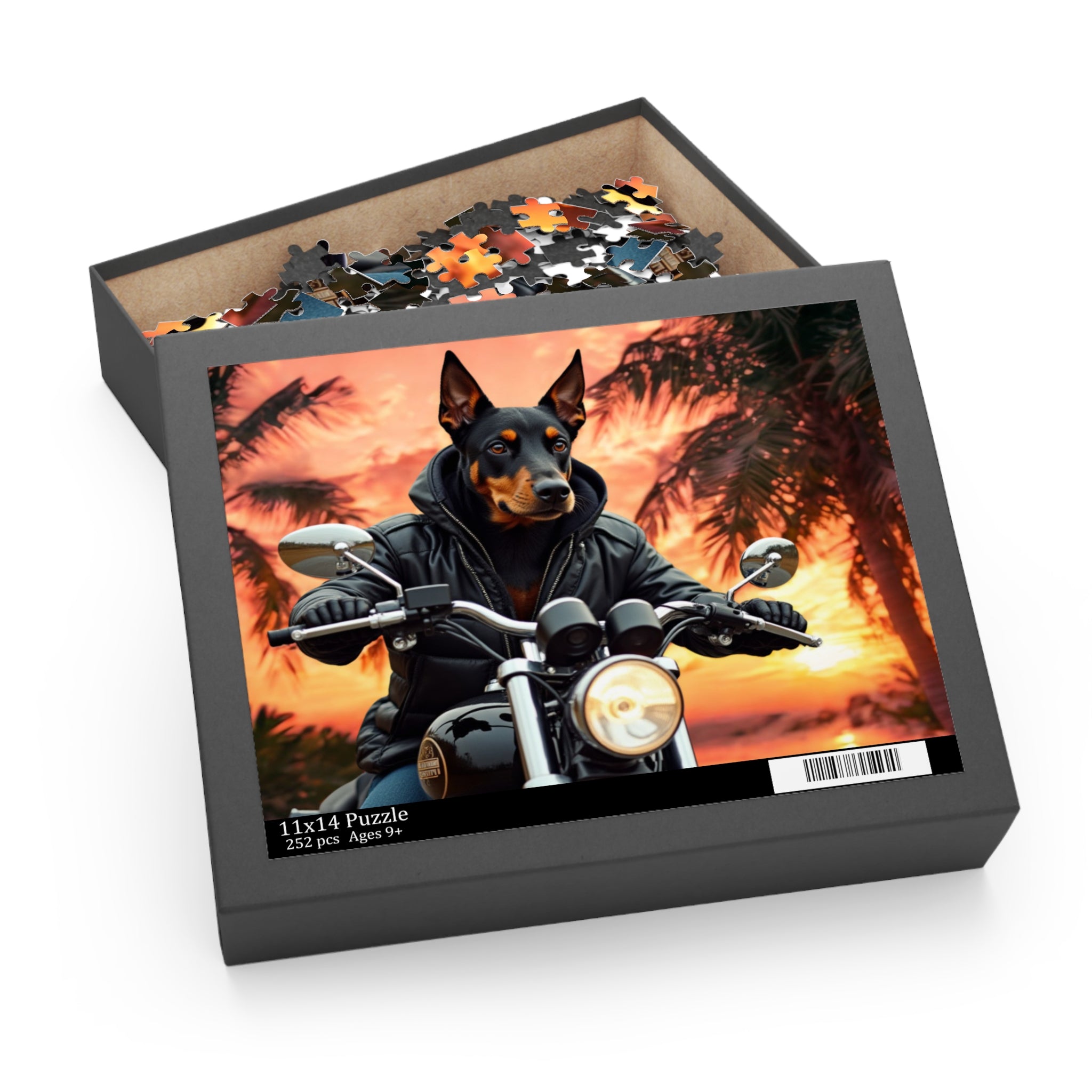 Dobermann Biker Jigsaw Puzzle — Sunset Motorcycle Scene | Dog Lover Gift