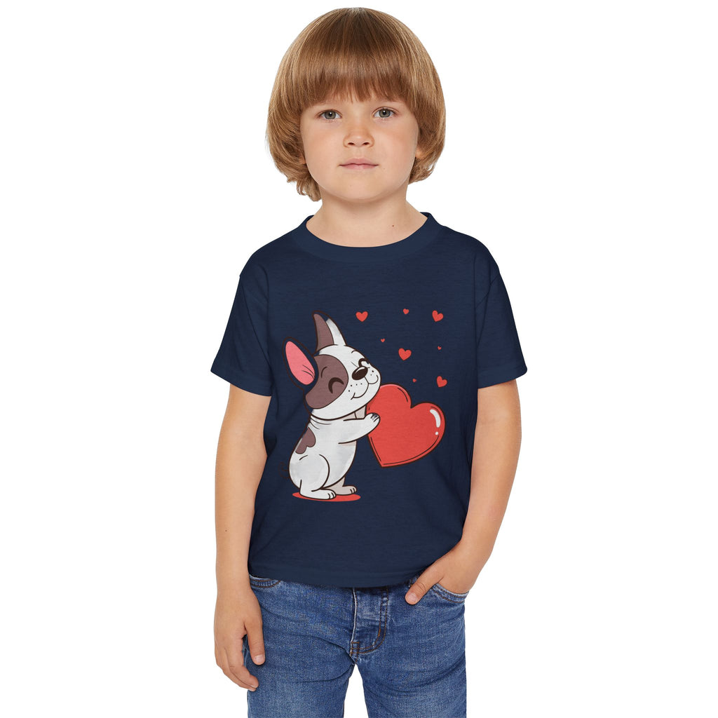 Toddler T-Shirt — Cute French Bulldog Hugging Heart with Colorful Paw Prints