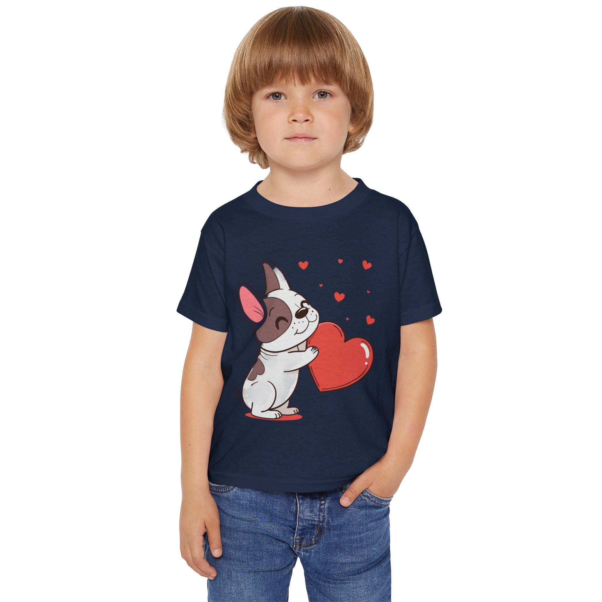 Toddler T-Shirt — Cute French Bulldog Hugging Heart with Colorful Paw Prints
