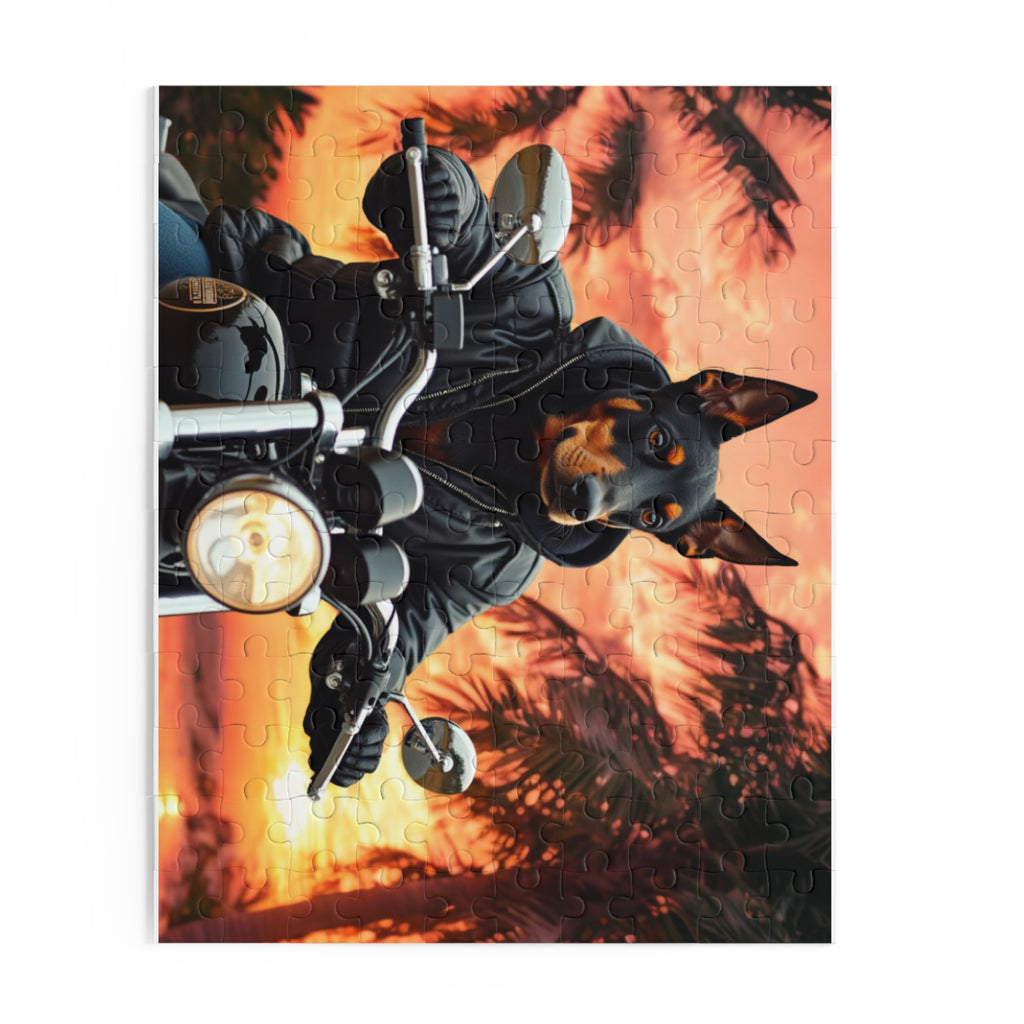 Dobermann Biker Jigsaw Puzzle — Sunset Motorcycle Scene | Dog Lover Gift