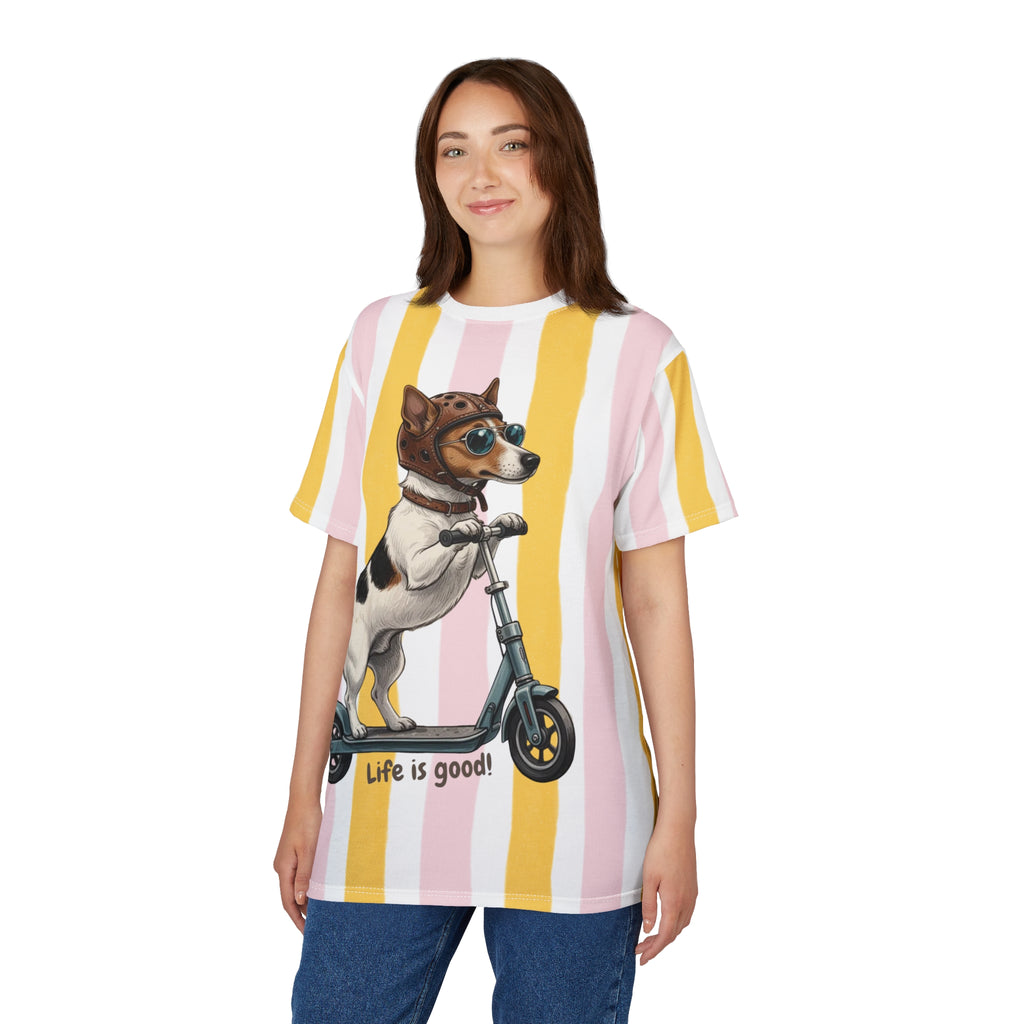 Scooter Dog Tee — "Life is Good" Striped All-Over Print T-Shirt
