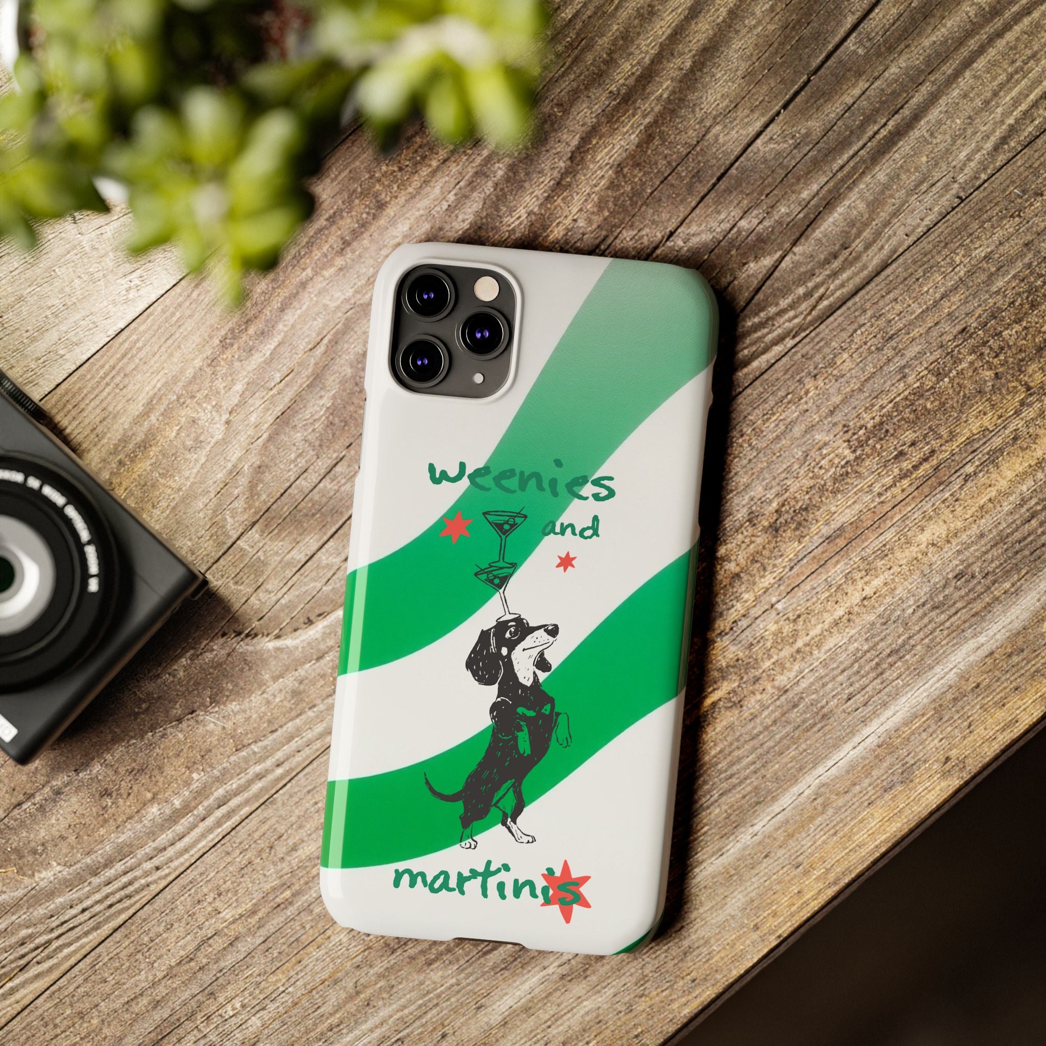 Weenies and Martinis Slim Phone Case – Dachshund Cocktail Green Stripe