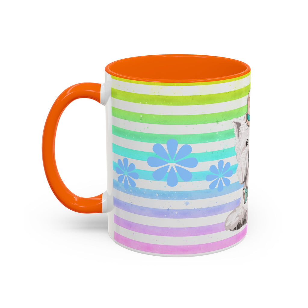 West Highland Terrier Coffee Mug — Cute White Pup on Rainbow Stripes (Accent Mug 11/15oz)