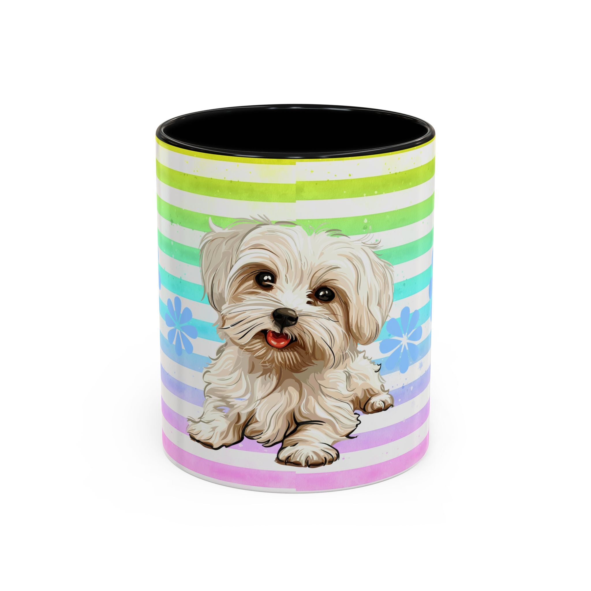 Maltese Dog Coffee Mug — Cute White Pup on Rainbow Stripes