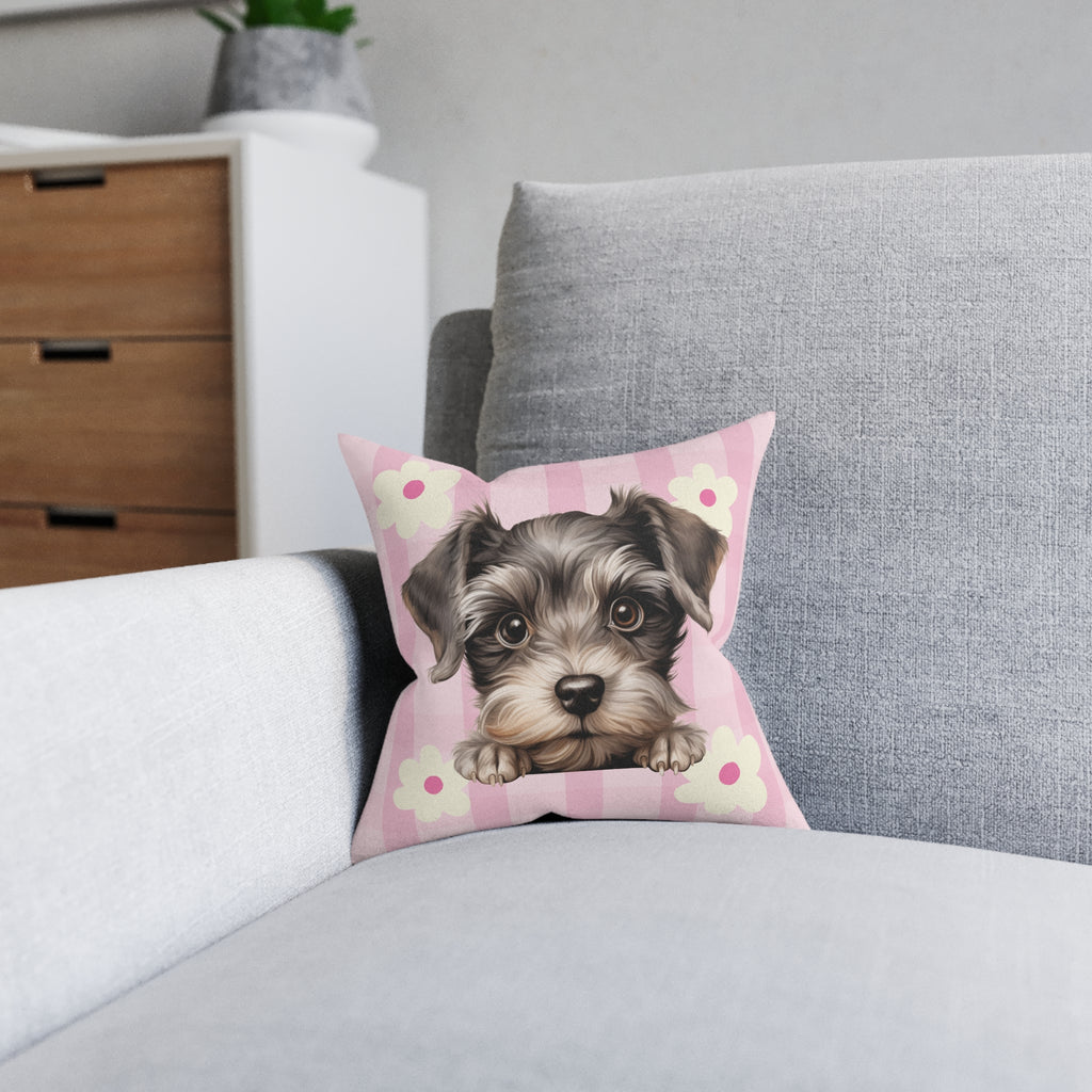 Schnauzer Throw Pillow — Pink Floral Faux Suede | Dog Lover Home Decor