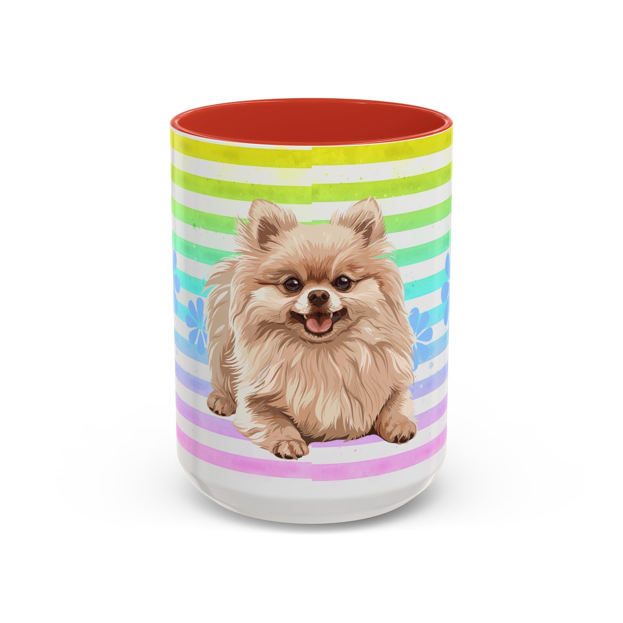 Pomeranian Dog Coffee Mug — Cute Fluffy Pup on Rainbow Stripes (Accent Mug 11/15oz)