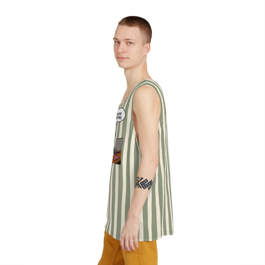 Striped Green & Cream Men's Tank Top — Vintage Summer Beach Muscle Tee with funny dog