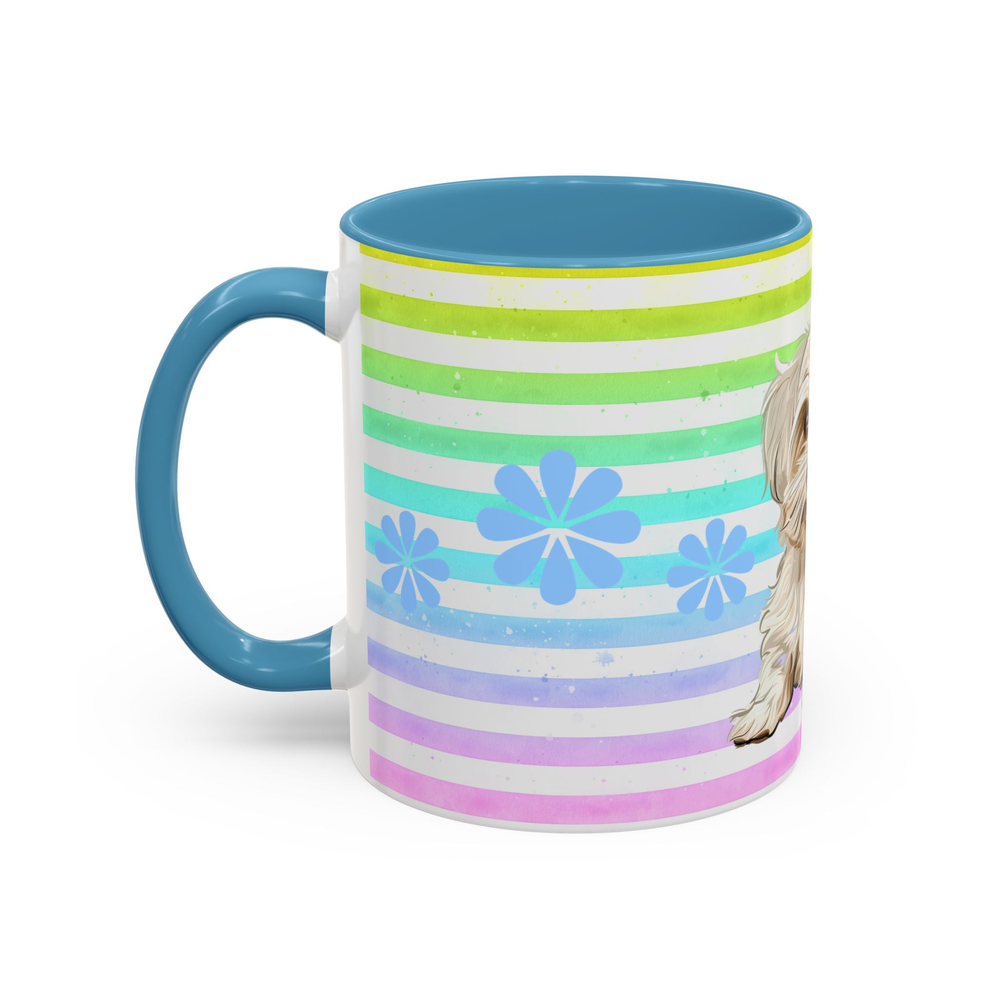 Maltese Dog Coffee Mug — Cute White Pup on Rainbow Stripes
